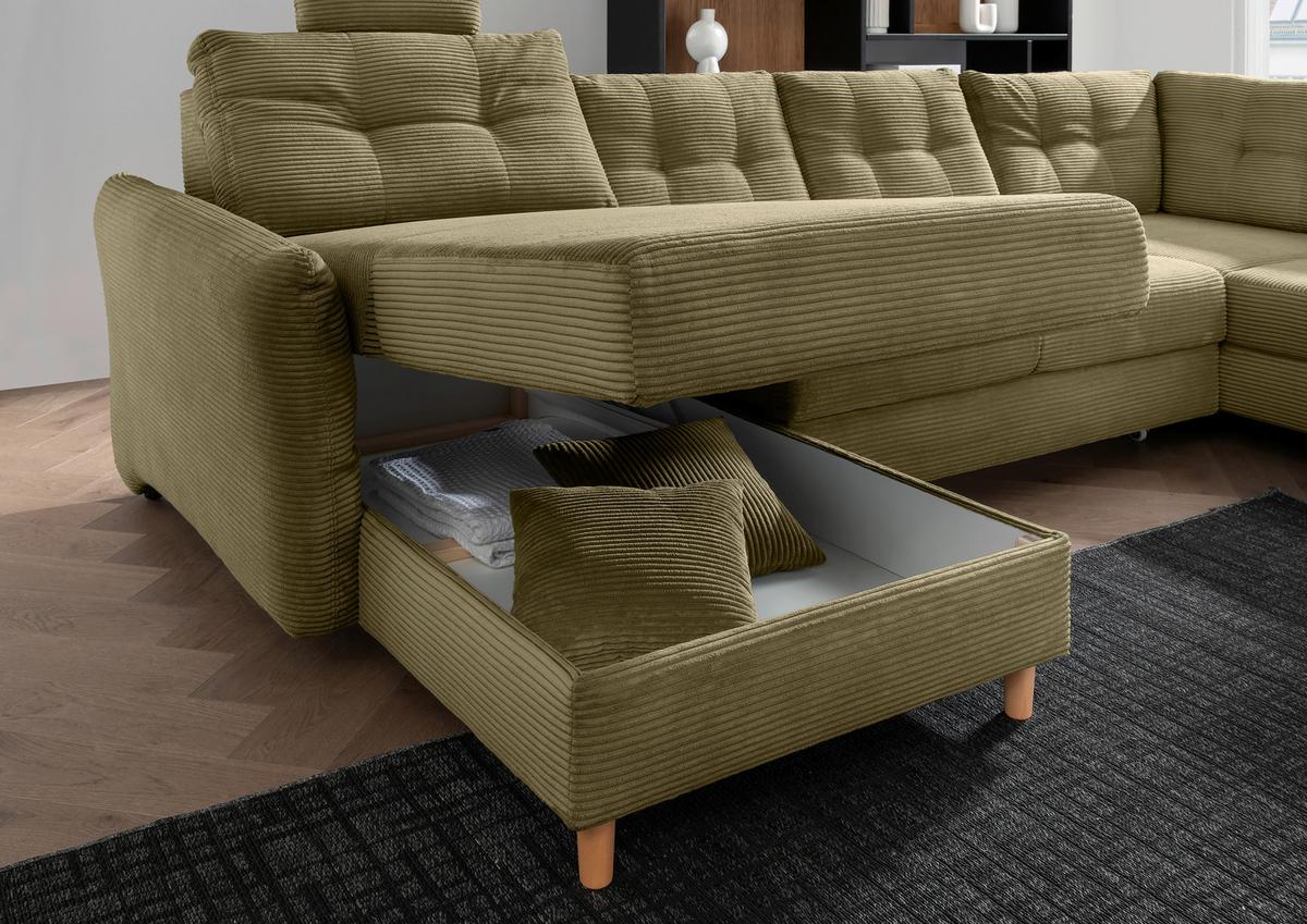 Wohnlandschaft Brizzini mit Schlaffunktion, Olivgrün - Naturfarben/Olivgrün, MODERN, Textil (176/338-352/206cm) - Livetastic