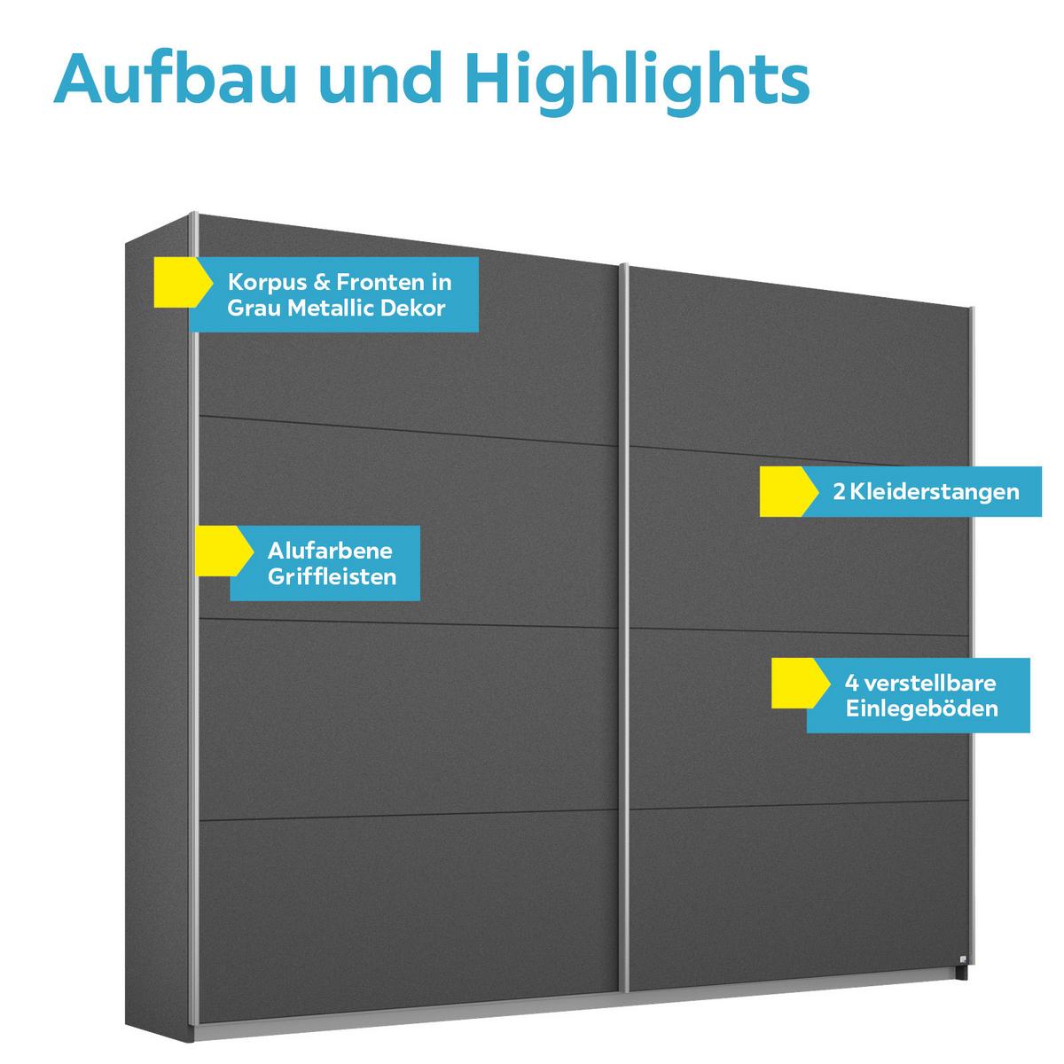 Schwebetürenschrank 226cm Belluno, Grau Metallic - Grau, MODERN, Holzwerkstoff (226/230/62cm) - Rauch Möbel