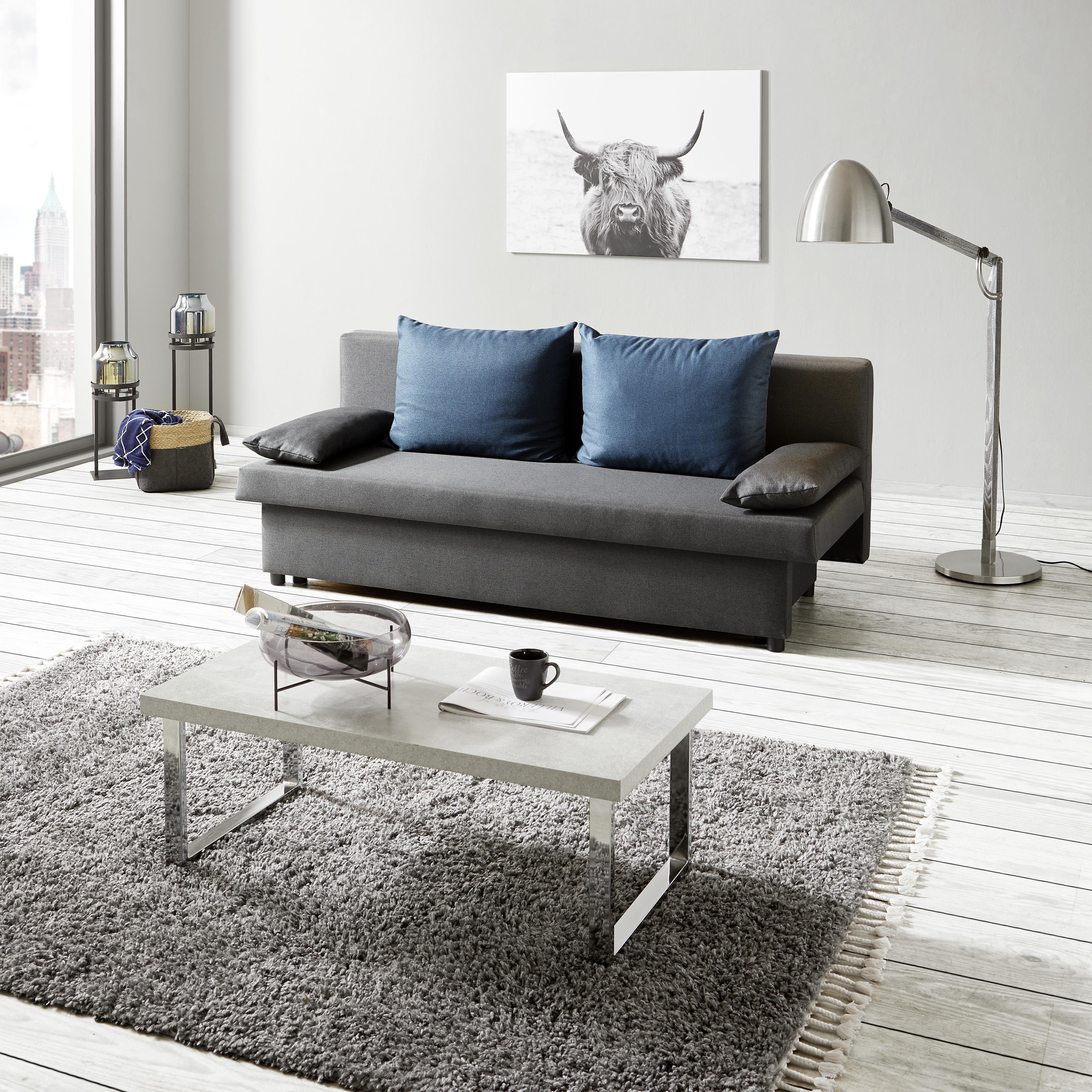 2-Sitzer-Sofa mit Schlaffunkt. und Bettkasten Neo + Kissen Grau - Blau/Dunkelgrau, Basics, Karton/Holz (192/82cm)