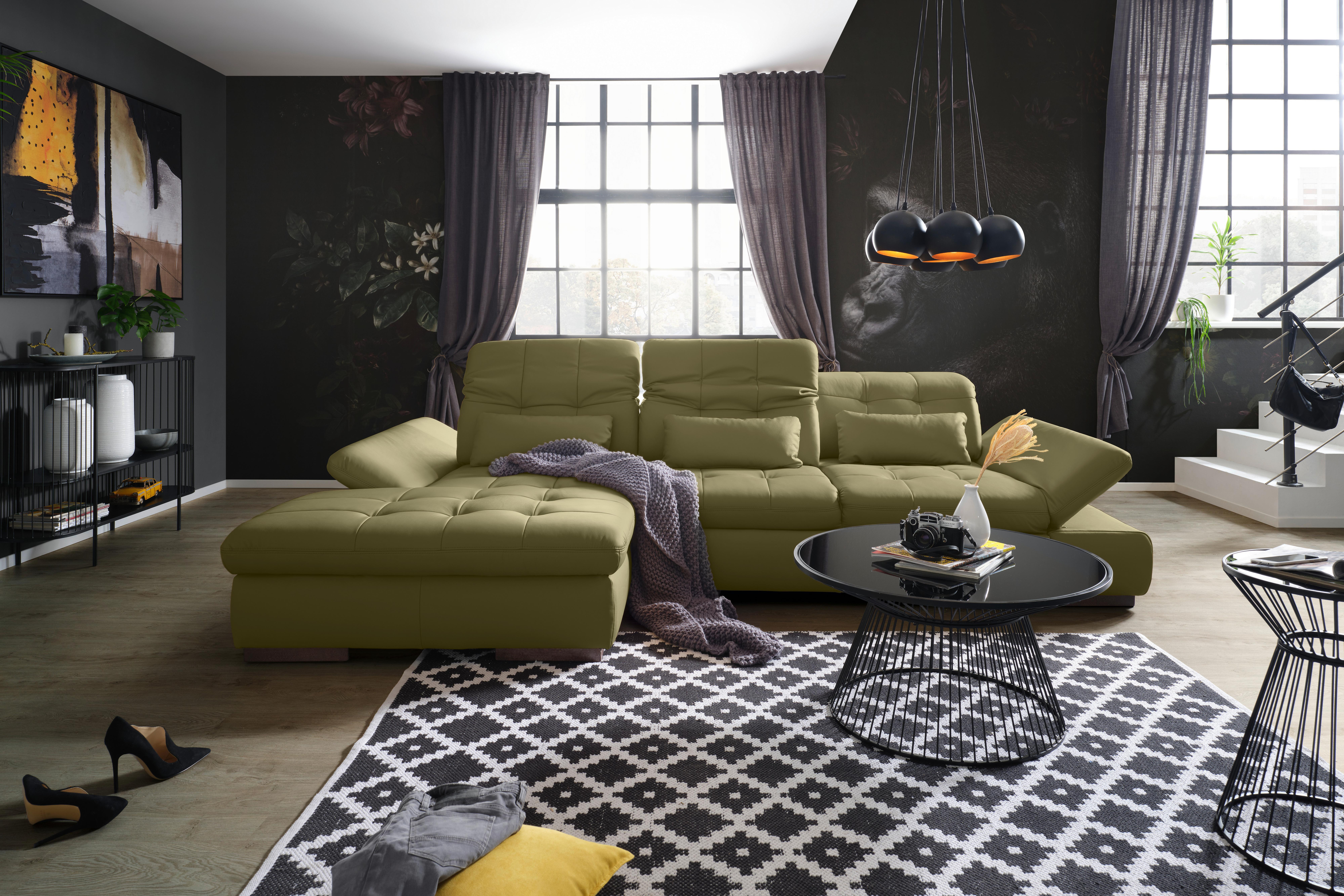 Rohová sedačka SANFINO, levá, olivově zelená pravá kůže - barvy chromu/olivově zelená, Konvenční, kov/kůže (199/305cm) - Premium Living