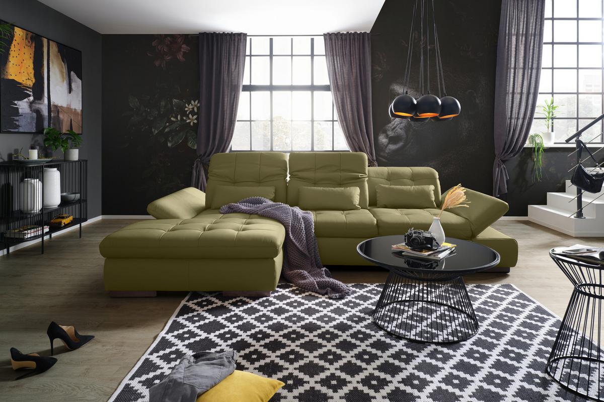 Rohová sedačka SANFINO, levá, olivově zelená pravá kůže - barvy chromu/olivově zelená, Konvenční, kov/kůže (199/305cm) - Premium Living