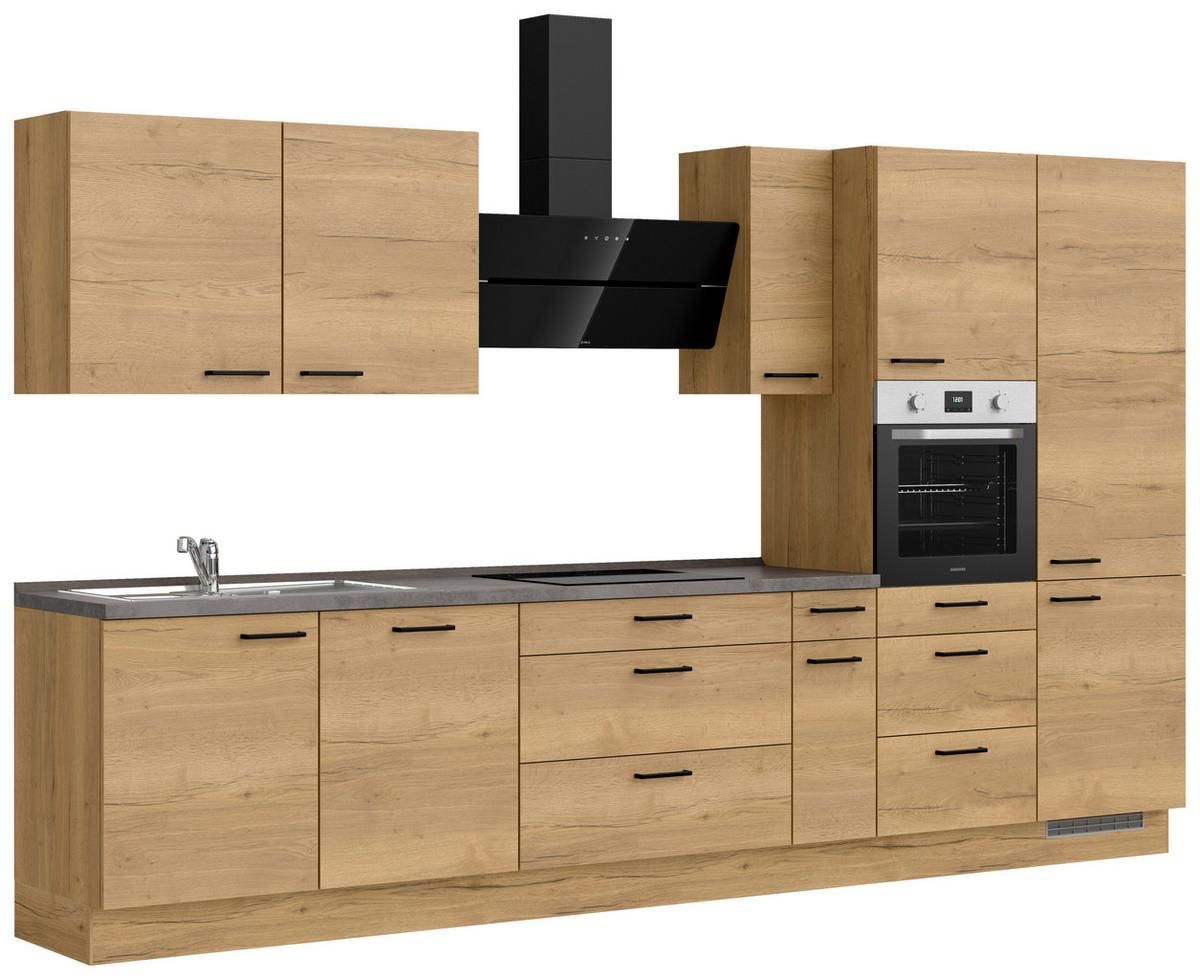 Kuchynská linka 360 cm, dub Sierra - čierna/farba duba, Modern, kov/kompozitné drevo (360cm) - Nobilia