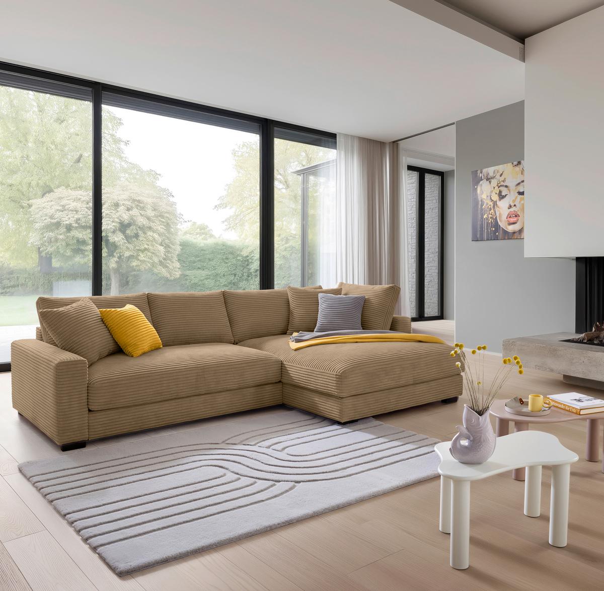 Rohová sedačka PEDRO, pravá, karamelový manšestr - černá/karamel, Moderní, textil/plast (300/190cm) - Mömax