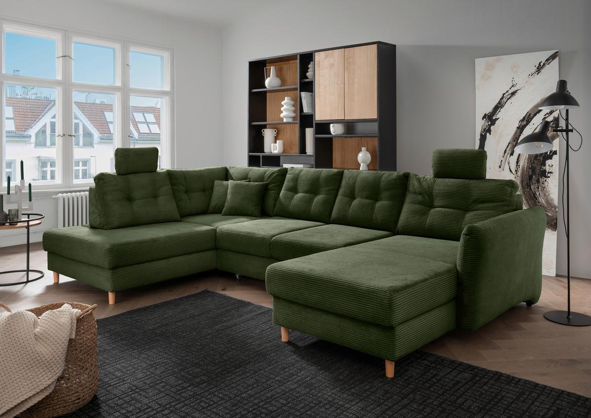 Wohnlandschaft Brizzini mit Schlaffunktion, Dunkelgrün - Dunkelgrün/Naturfarben, MODERN, Textil (206/338-352/176cm) - Livetastic