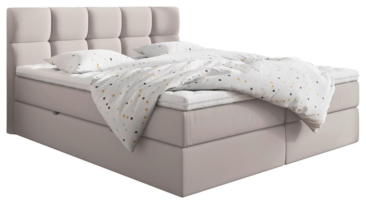Boxspringbett mit hellgrauem Bezug und gepolstertem Kopfteil