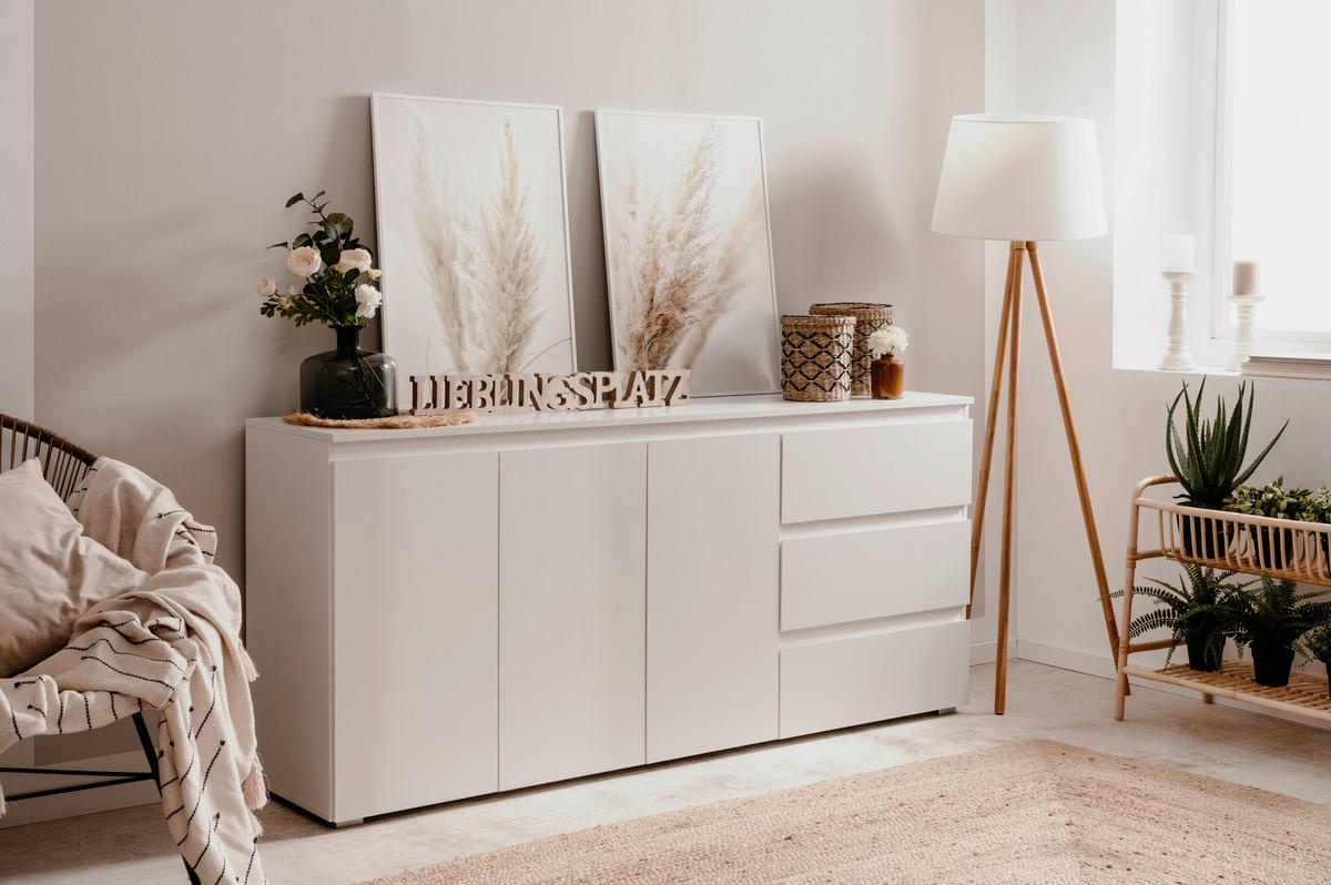 Sideboard Capetown Weiß HG B: 179 cm - Weiß Hochglanz/Silberfarben, Trend, Holzwerkstoff (179/80,5/40cm)