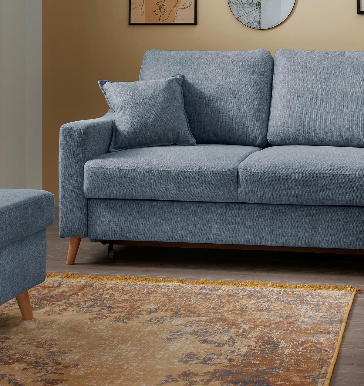 Ecksofa Mit Schlaffunktion Valentina Mit Kissen Blau - Blau/Naturfarben, KONVENTIONELL, Textil (230/200cm) - P & B