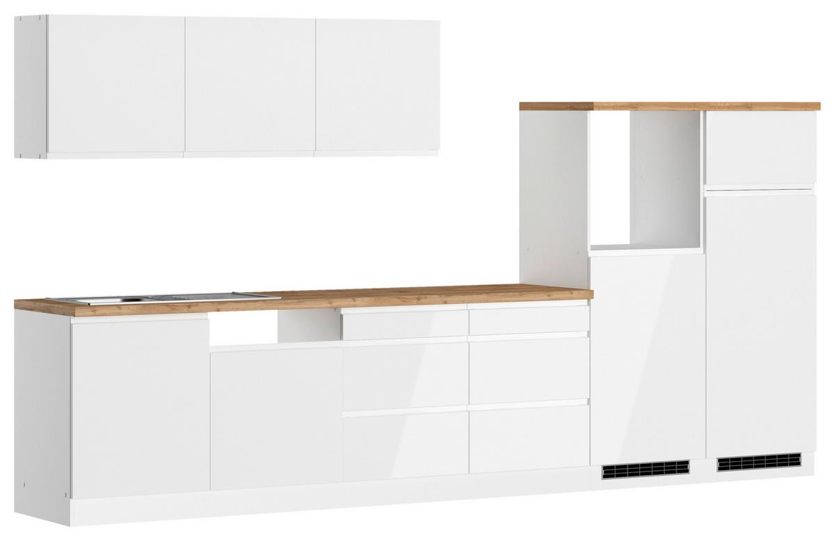 Küchenzeile Monza ohne Geräte B: 360 cm Weiß/Eiche Dekor - Weiß Hochglanz/Eiche Wotan, LIFESTYLE, Holzwerkstoff (360cm) - Held