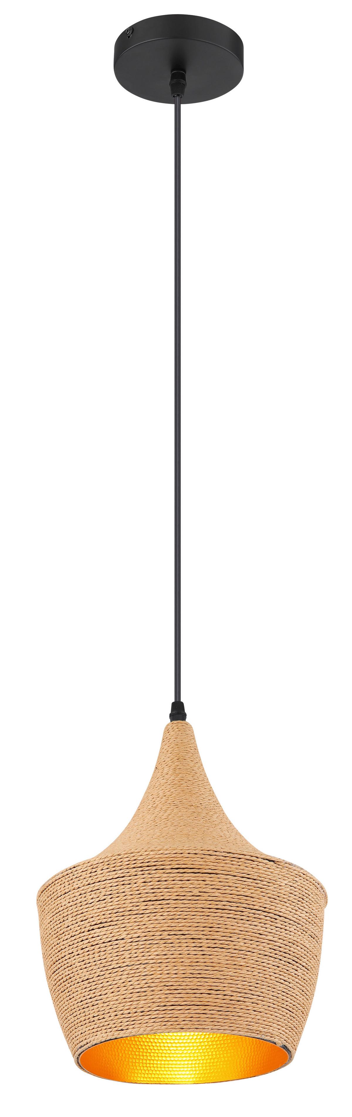 Hängeleuchte H: 140 cm 1-Flammig - Goldfarben/Schwarz, Natur, Textil/Metall (25/140cm) - Globo