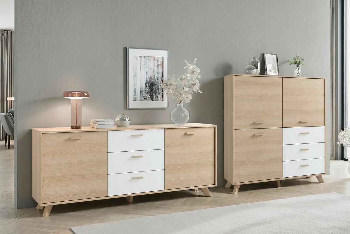 Highboard Bastian Eiche Bianco/Weiß B: 120 cm - Eiche Bianco/Eichefarben, Design, Holz/Holzwerkstoff (120/131/36,5cm) - MID.YOU
