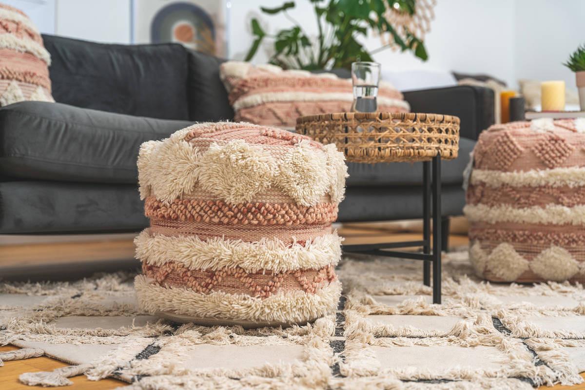 Pouf Bohist Naturfaser Creme/Rosa DxH: 35x35 cm - Creme/Rosa, Trend, Textil (35/35/35cm) - Kayoom