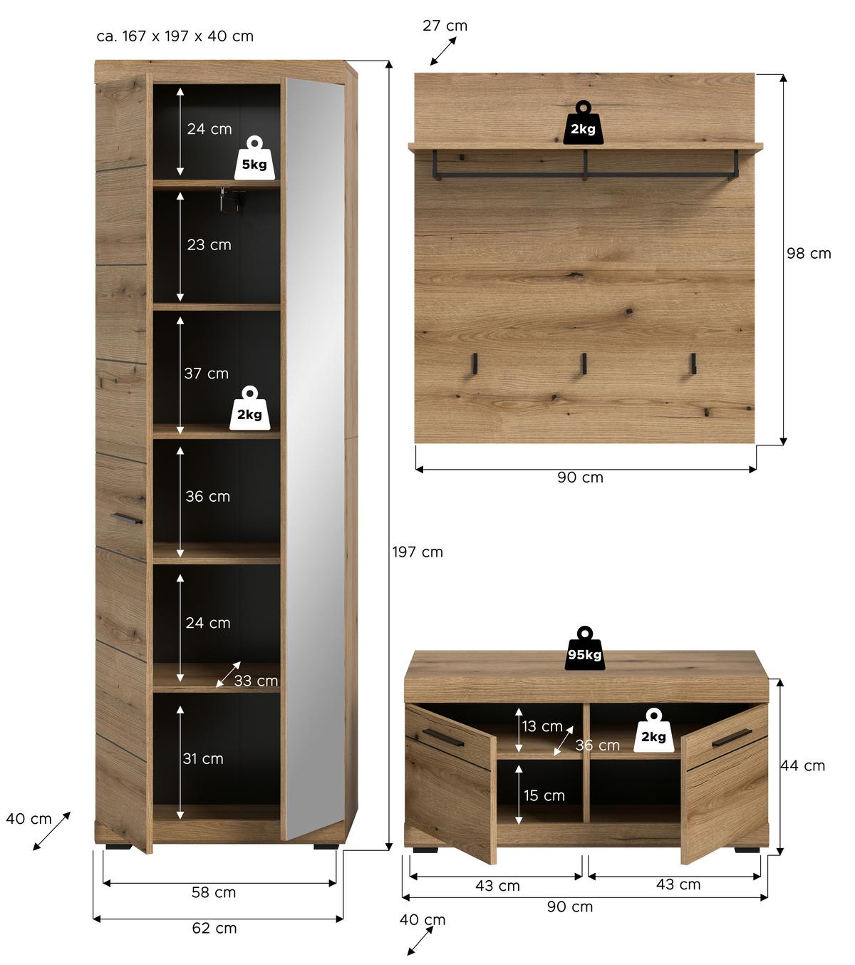 Garderobe Scout 3-Teilig Eiche dunkel B: 167 cm - Eiche dunkel, Design, Holzwerkstoff (167/197/40cm) - Livetastic