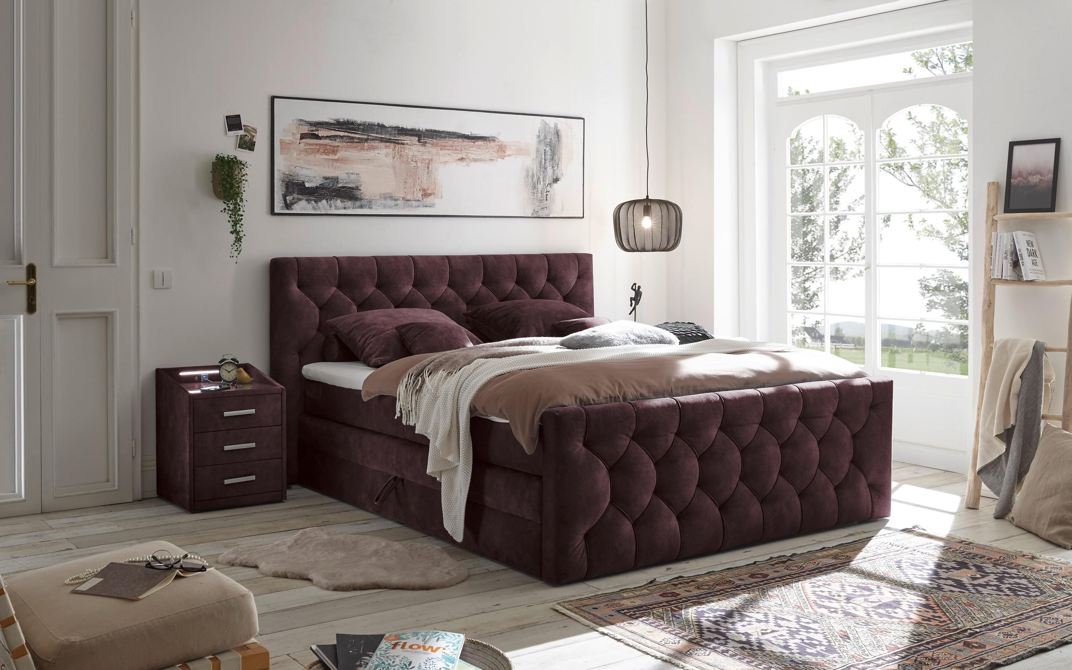 Boxspringbett mit Topper 180x200 cm Cashfield - Aubergine/Schwarz, MODERN, Holzwerkstoff/Textil (180/200cm) - MID.YOU