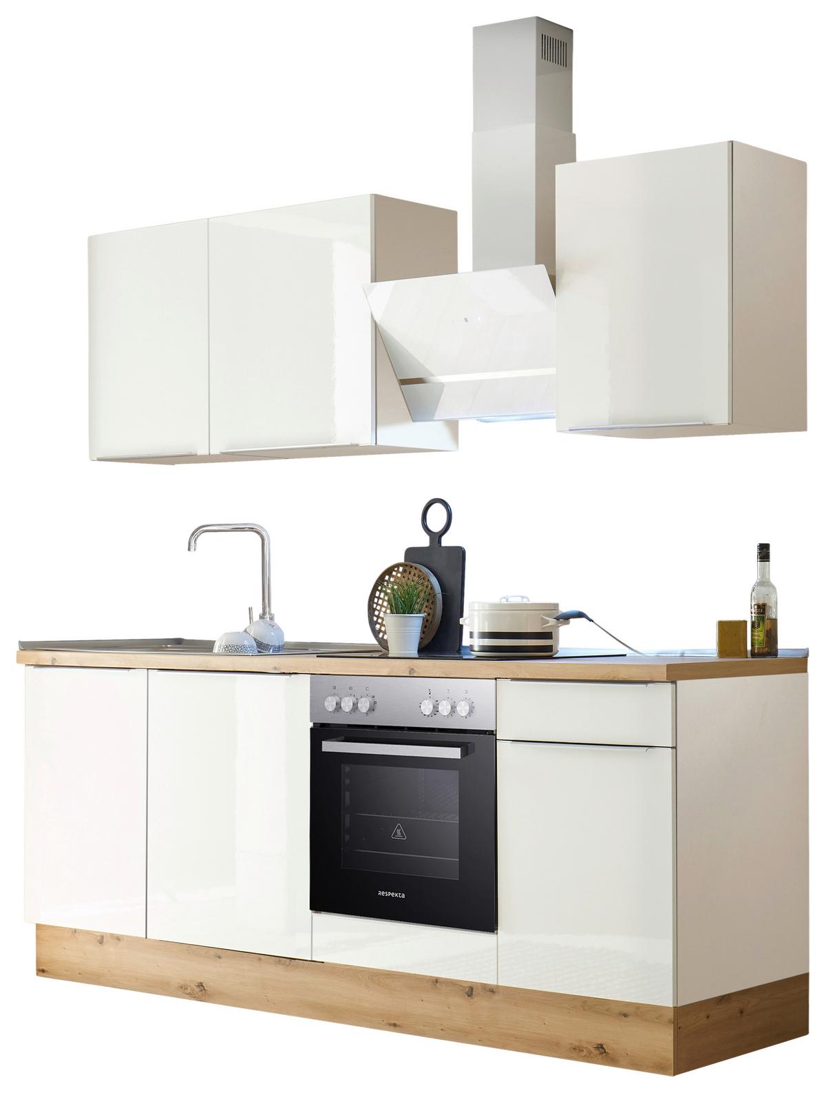 Moderne Küchenzeile in Weiß und eichefarben mit Spüle und vier Elektrogeräten