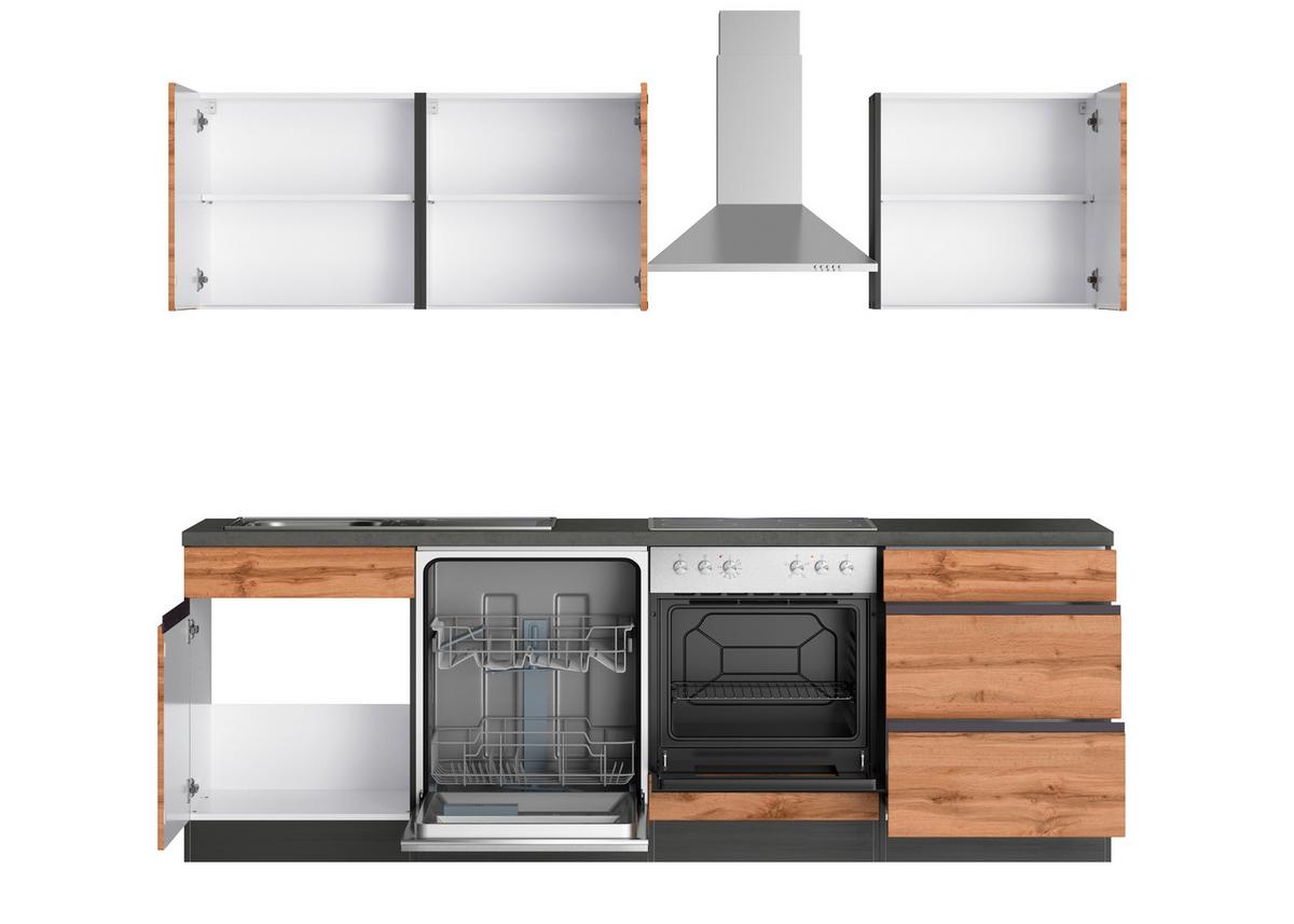 Küchenzeile Turin Mit Geräte B: 240 Cm Graphit/eiche Dekor - Eiche Wotan/Graphitfarben, Design, Holzwerkstoff (240cm) - Held