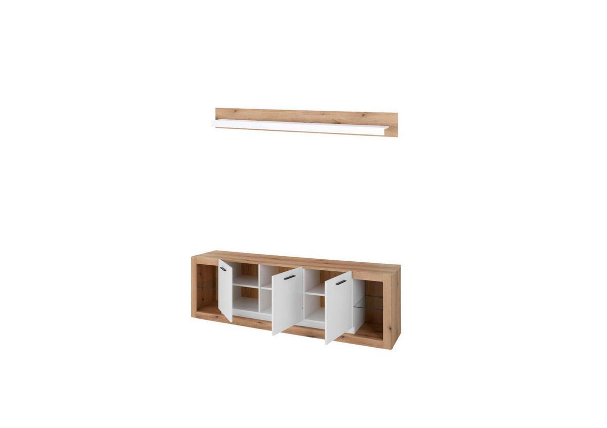 Wohnwand Brixen Weiß/Eichefarben B: 198cm - Eichefarben/Weiß, Design, Glas/Holzwerkstoff (198/170/43cm) - MID.YOU