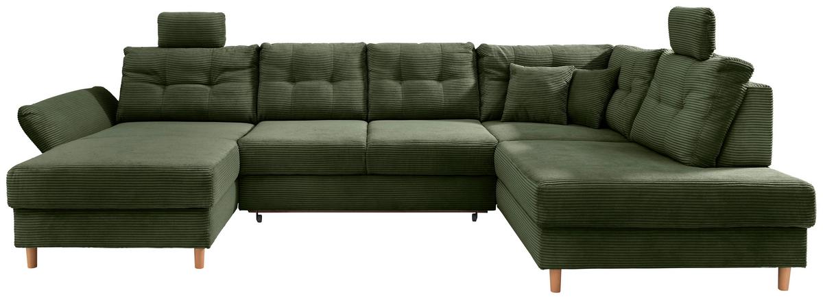 Wohnlandschaft Brizzini Mit Schlaffunktion, Dunkelgrün - Dunkelgrün/Naturfarben, MODERN, Textil (176/338-352/206cm) - Livetastic