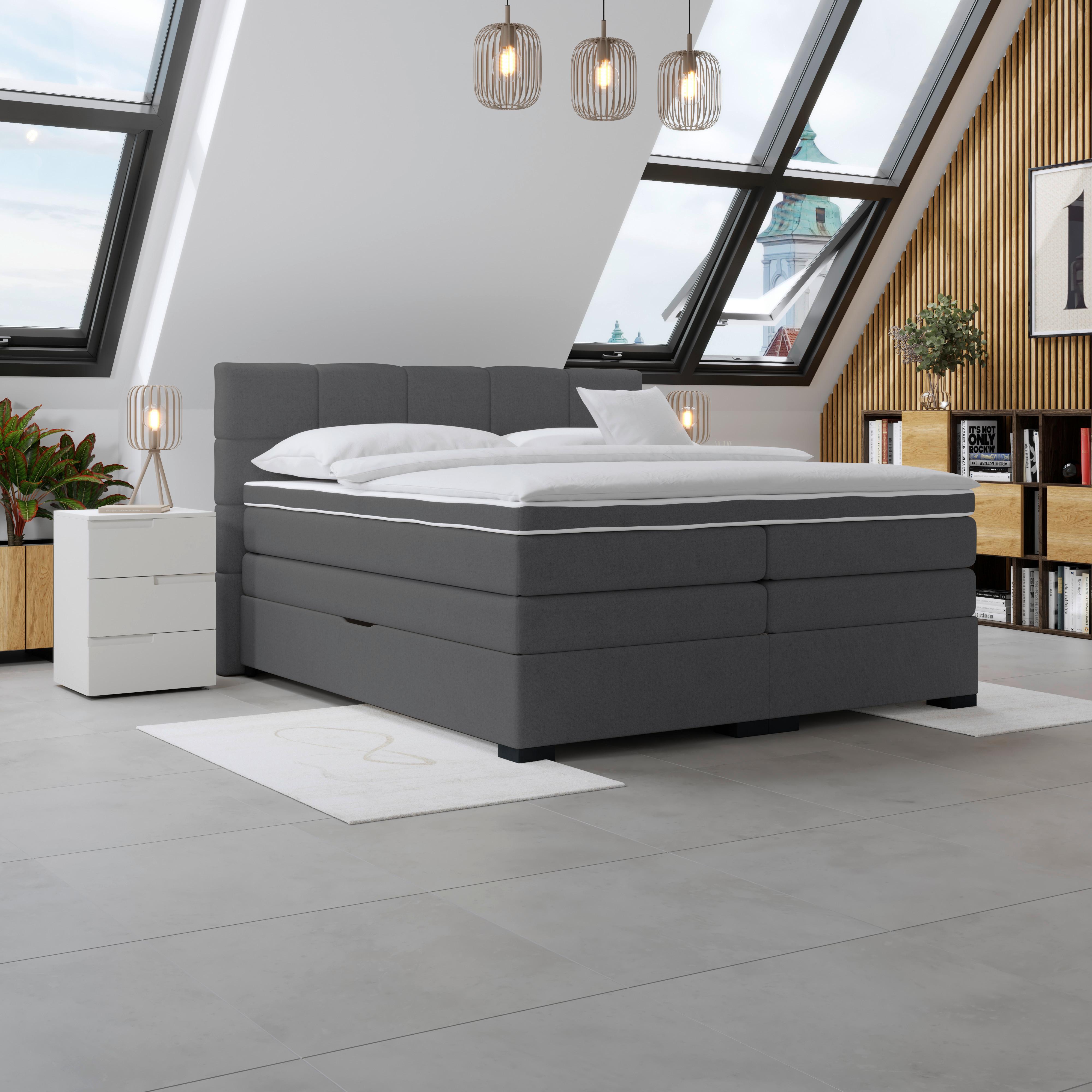 Boxspringbett April - Graubraun/Schwarz, MODERN, Textil (200/200cm)