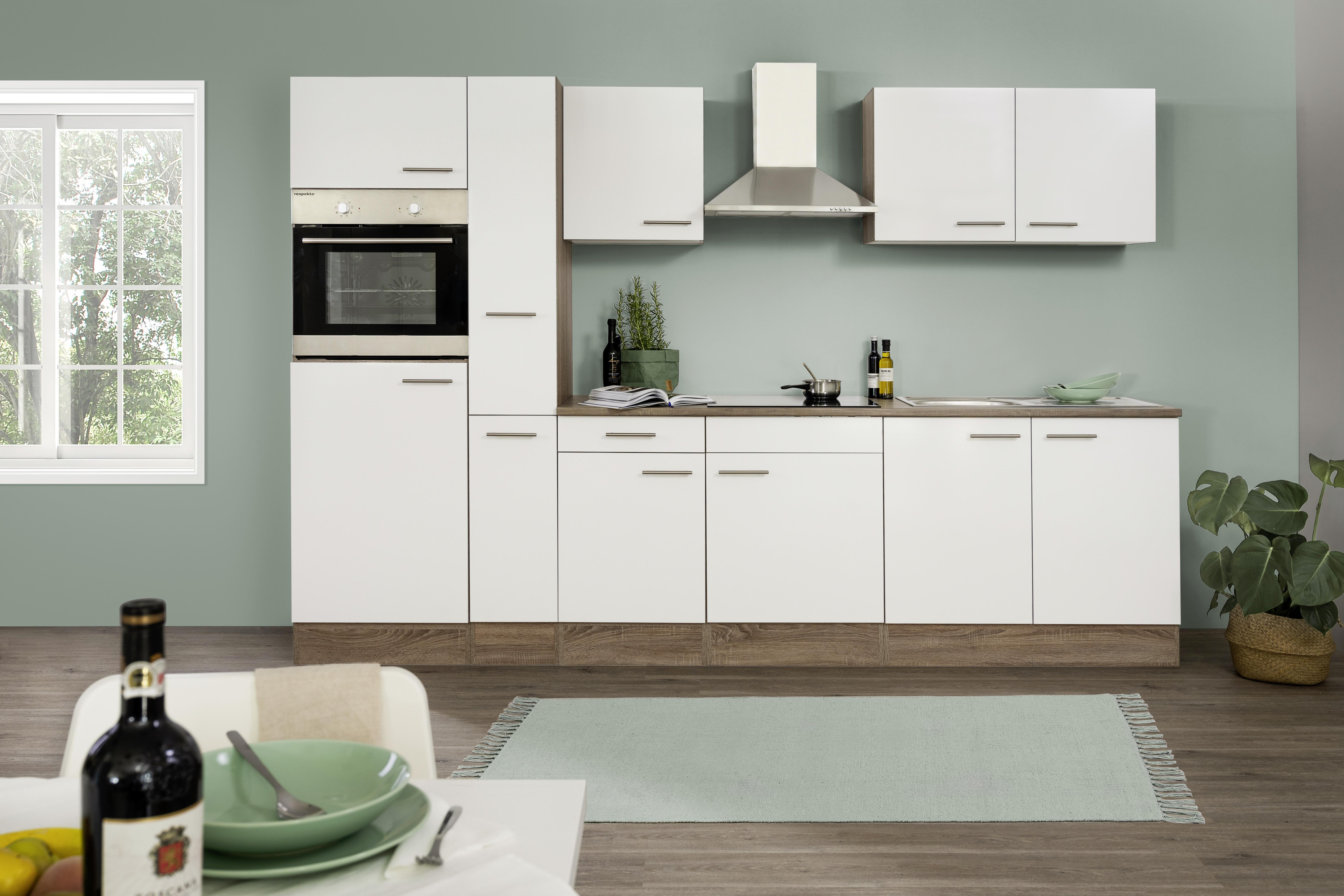 Küchenzeile mit Geräten B: 300 cm Weiß/Eiche Dekor - Eichefarben/Weiß, Design, Holzwerkstoff (300cm) - Respekta