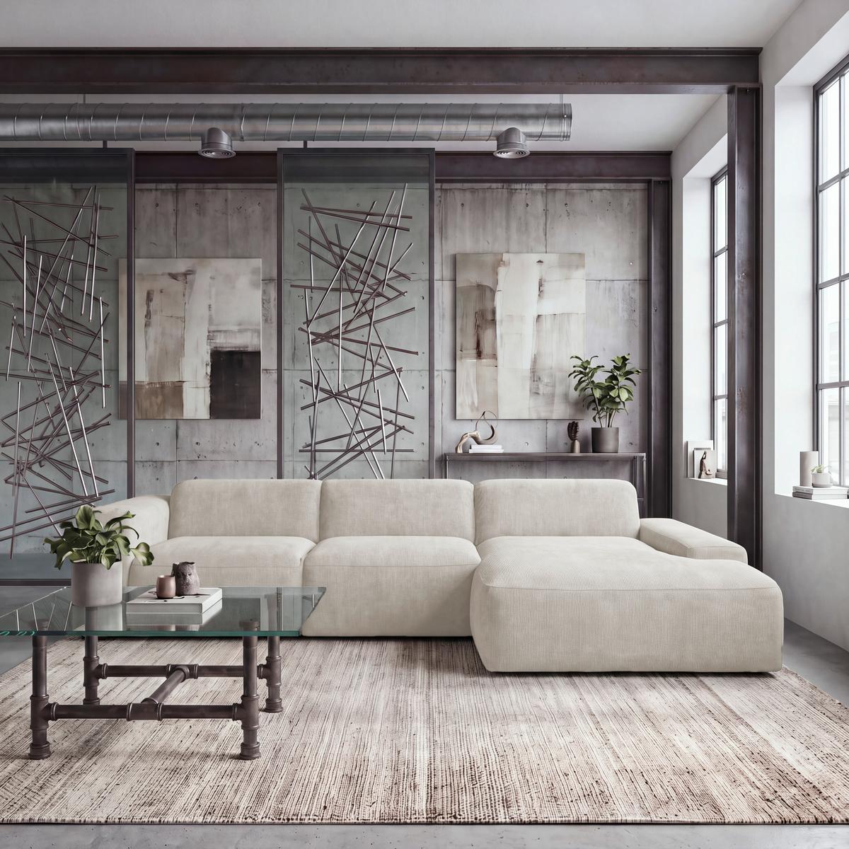 ECKSOFA Hannah Creme 343x170 cm - Creme/Schwarz, Design, Textil (343/170cm) - MID.YOU