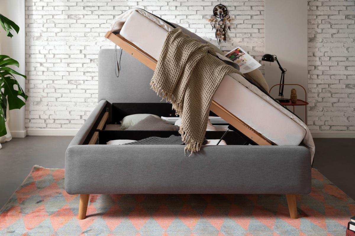 Polsterbett Mattis 140x200cm Hellgrau, Inkl. Bettkasten - Eichefarben/Hellgrau, Design, Holz/Textil (140/200cm) - Livetastic