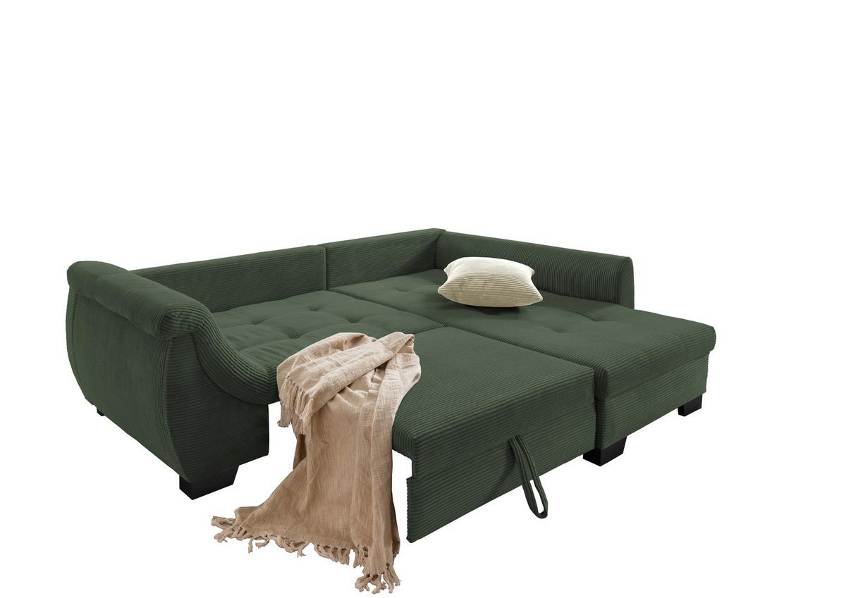 Eckosfa mit Schlaffunktion Flora Grün Cord - Beige/Schwarz, Design, Textil (250/190cm) - MID.YOU