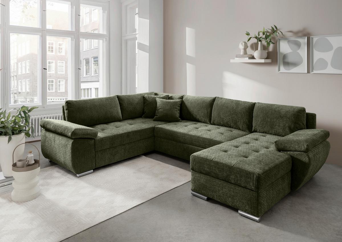 Wohnlandschaft Terana Olivgrün mit Schlaffunktion, Mikrofaser - Chromfarben/Olivgrün, KONVENTIONELL, Textil (219/305/157cm) - Livetastic