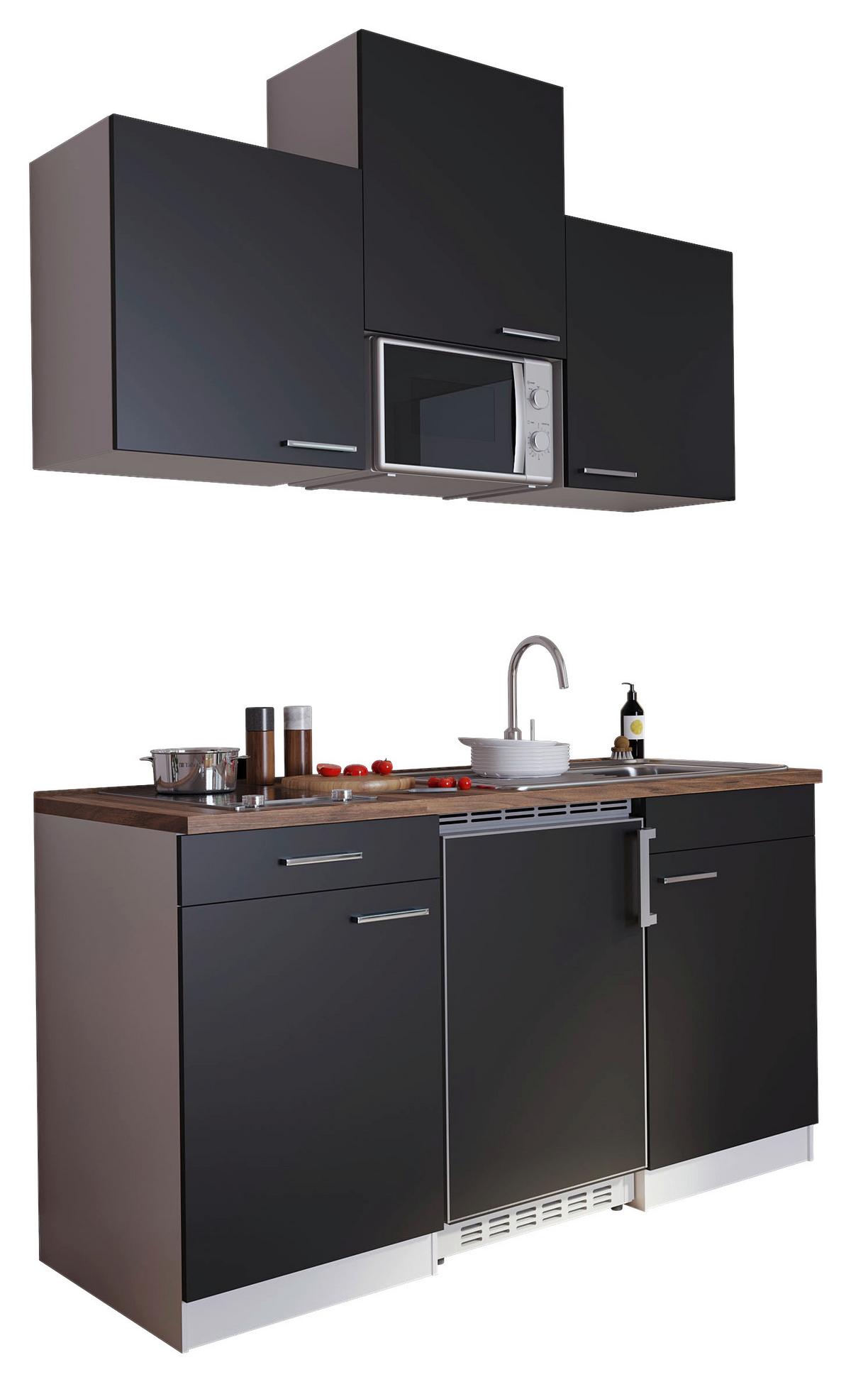 Miniküche Economy M. Geräten 150 Cm Schwarz/nussbaum Dekor - Nussbaumfarben/Schwarz, Basics, Holzwerkstoff (150cm) - Respekta