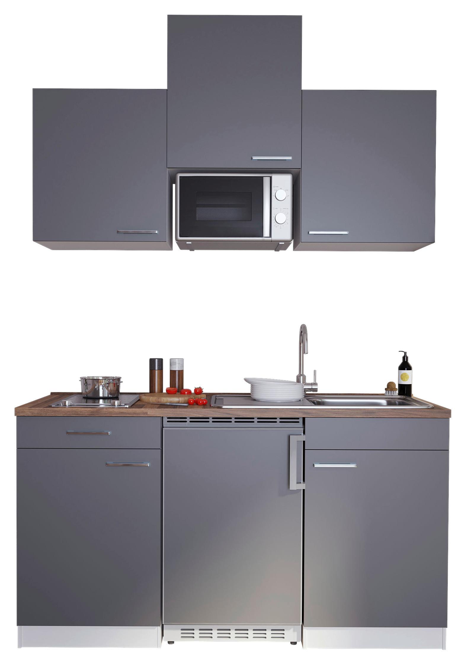 Miniküche Economy mit Geräten 150 cm Grau/Nussbaum Dekor - Nussbaumfarben/Weiß, Basics, Holzwerkstoff (150cm) - Respekta