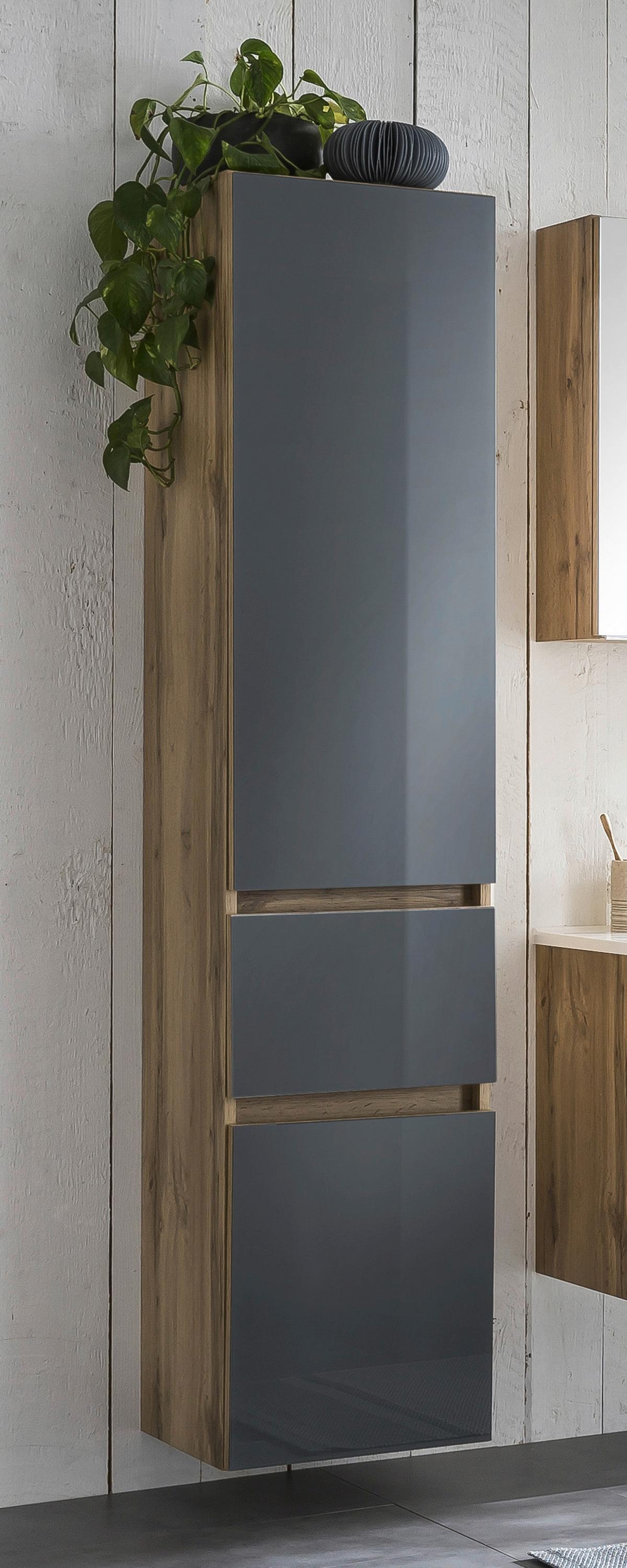 Hochschrank Grifflos Helsinki 40cm Grau/eiche Dekor - Eichefarben/Silberfarben, KONVENTIONELL, Glas/Holzwerkstoff (40/180/35cm) - Held