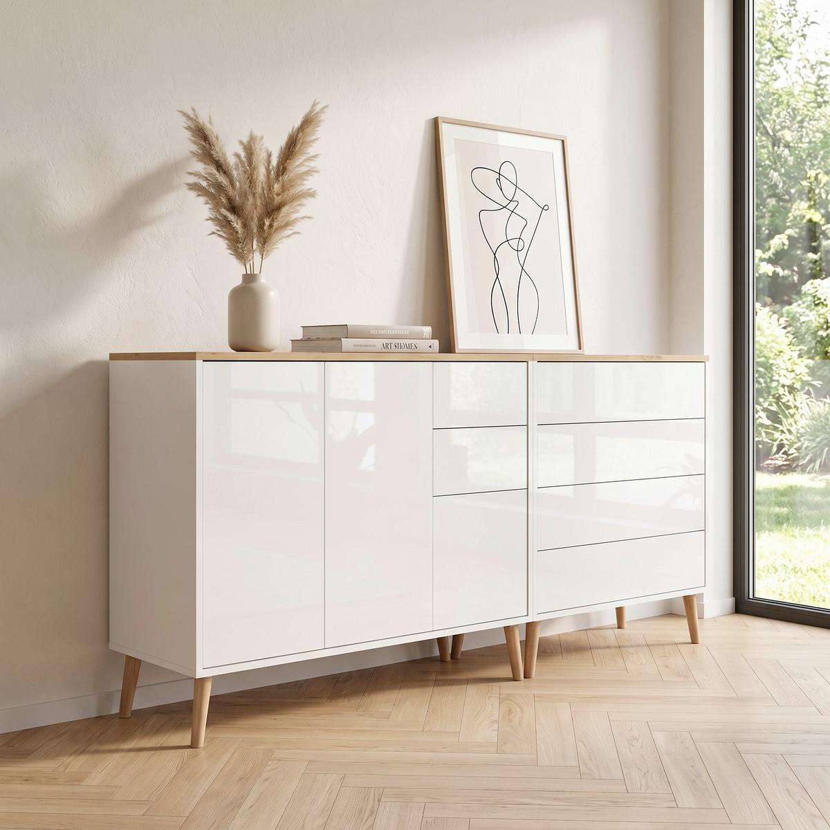 SIDEBOARD Mailand 9 B:184,5cm Weiß/Eiche - Weiß Hochglanz/Weiß, MODERN, Holzwerkstoff (184,5/86/33cm) - MID.YOU