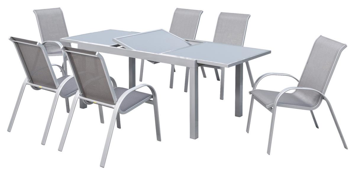Gartengarnitur 7-Tlg. Amalfi Alu/Glas/Kunststoff - Silberfarben/Braun, KONVENTIONELL, Glas/Textil - Gardenson