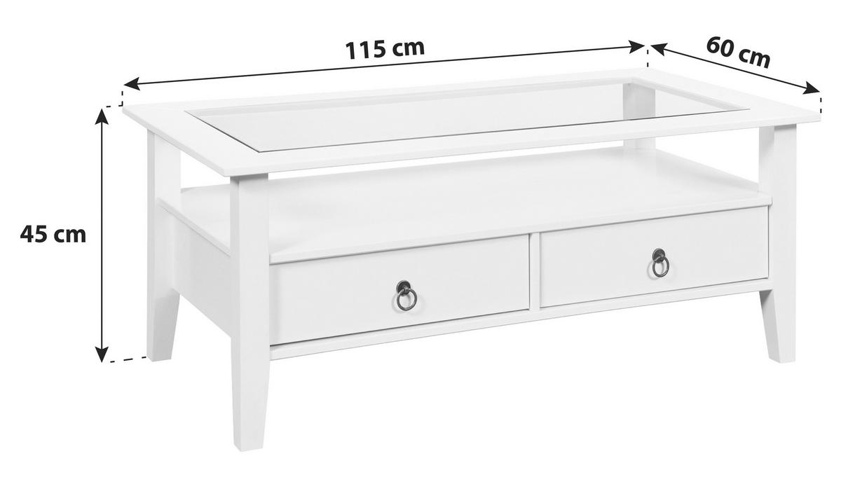 Couchtisch Holz Mit Glasplatte Und Laden Provence, Weiß - Weiß, MODERN, Glas/Holz (115/60/45cm) - Livetastic