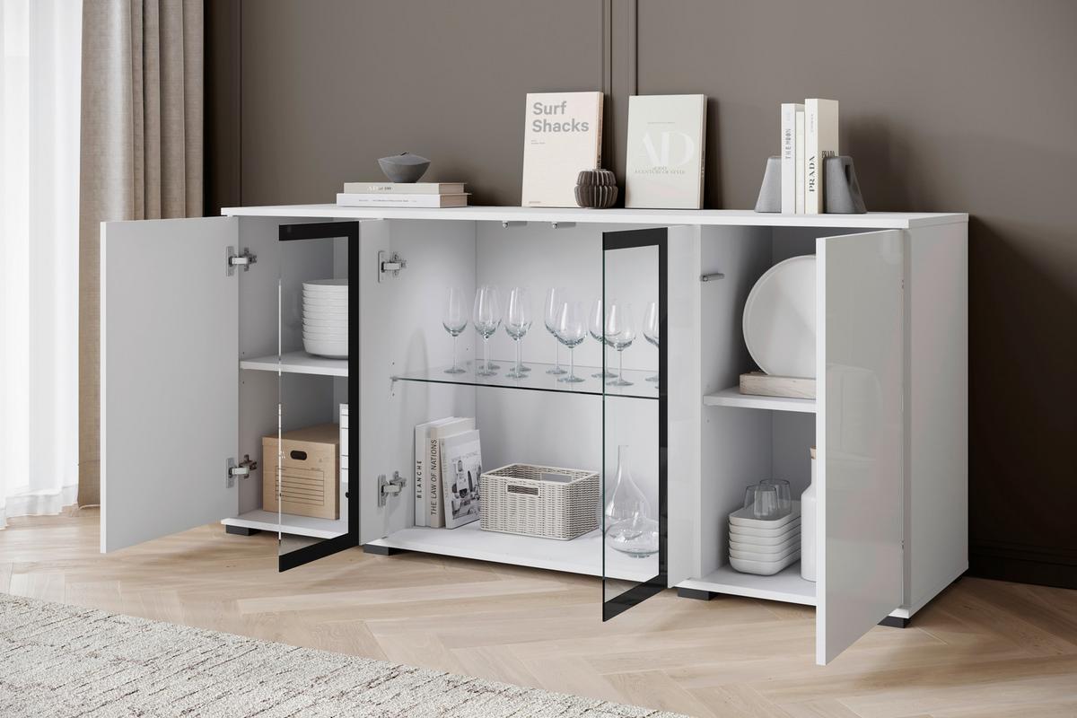 Kommode Caro Weiß B: 150 cm - Weiß Hochglanz/Schwarz, Design, Glas/Holzwerkstoff (150/69,7/39,5cm) - Livetastic