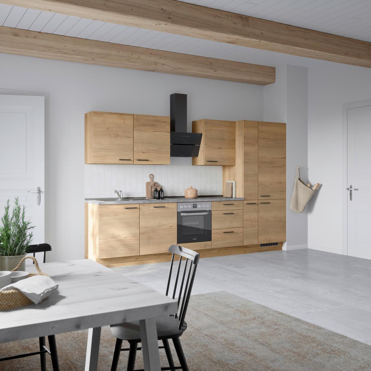 Kuchynská linka 330 cm, dub Sierra - čierna/farba duba, Modern, kov/kompozitné drevo (330cm) - Nobilia