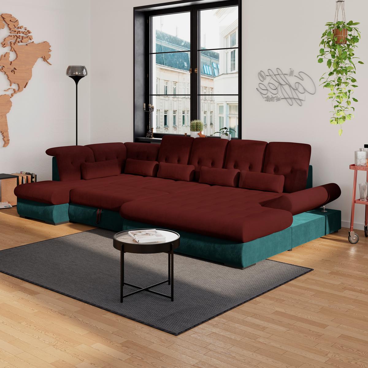 Wohnlandschaft Madera Rubinrot U: 212x358x190 cm - Türkis/Rot, KONVENTIONELL, Kunststoff/Textil (212/358/190cm)