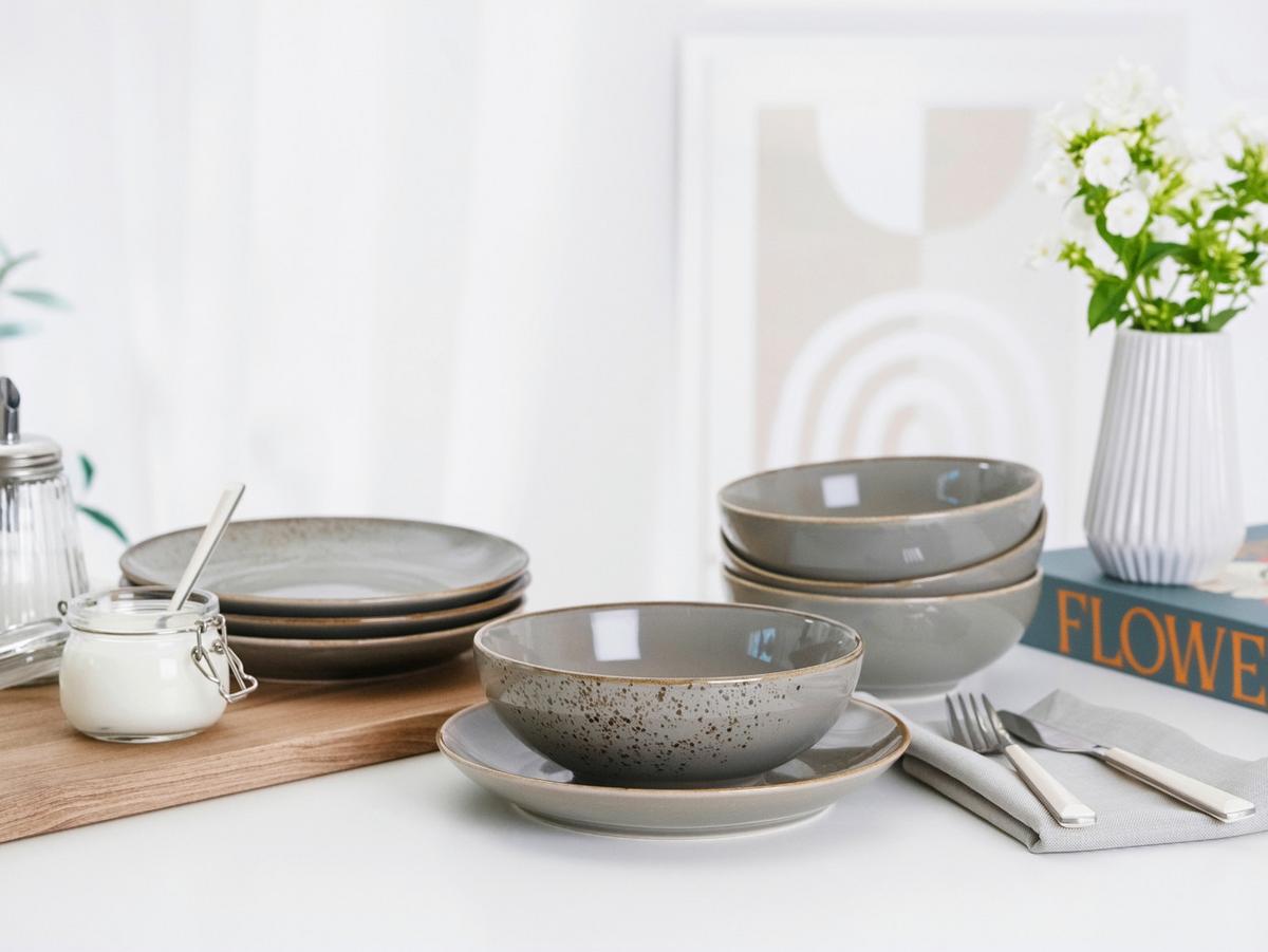 Frühstücksservice 12-teilig. Steinzeug, grau - Grau, Basics, Keramik - Creatable