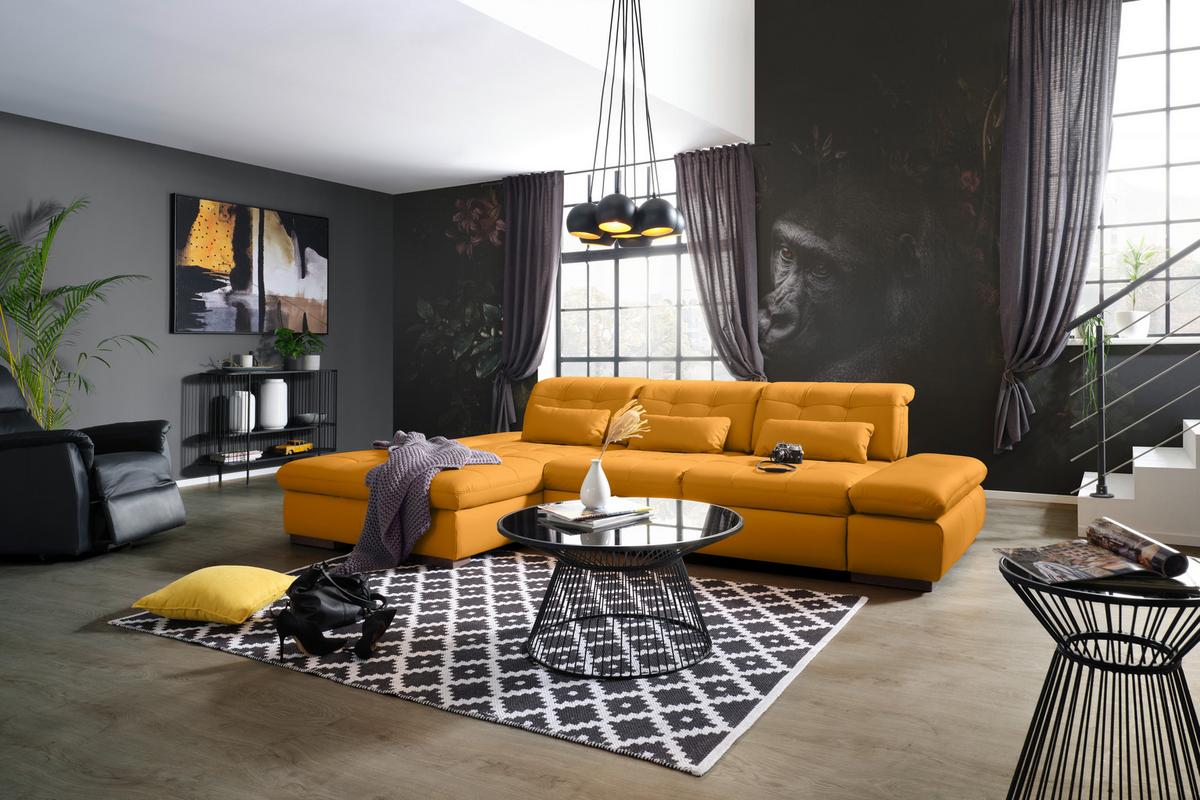 Rohová sedačka SANFINO, ľavá, žltá pravá koža - žltá/chrómová, Konventionell, kov/koža (199/305cm) - Premium Living