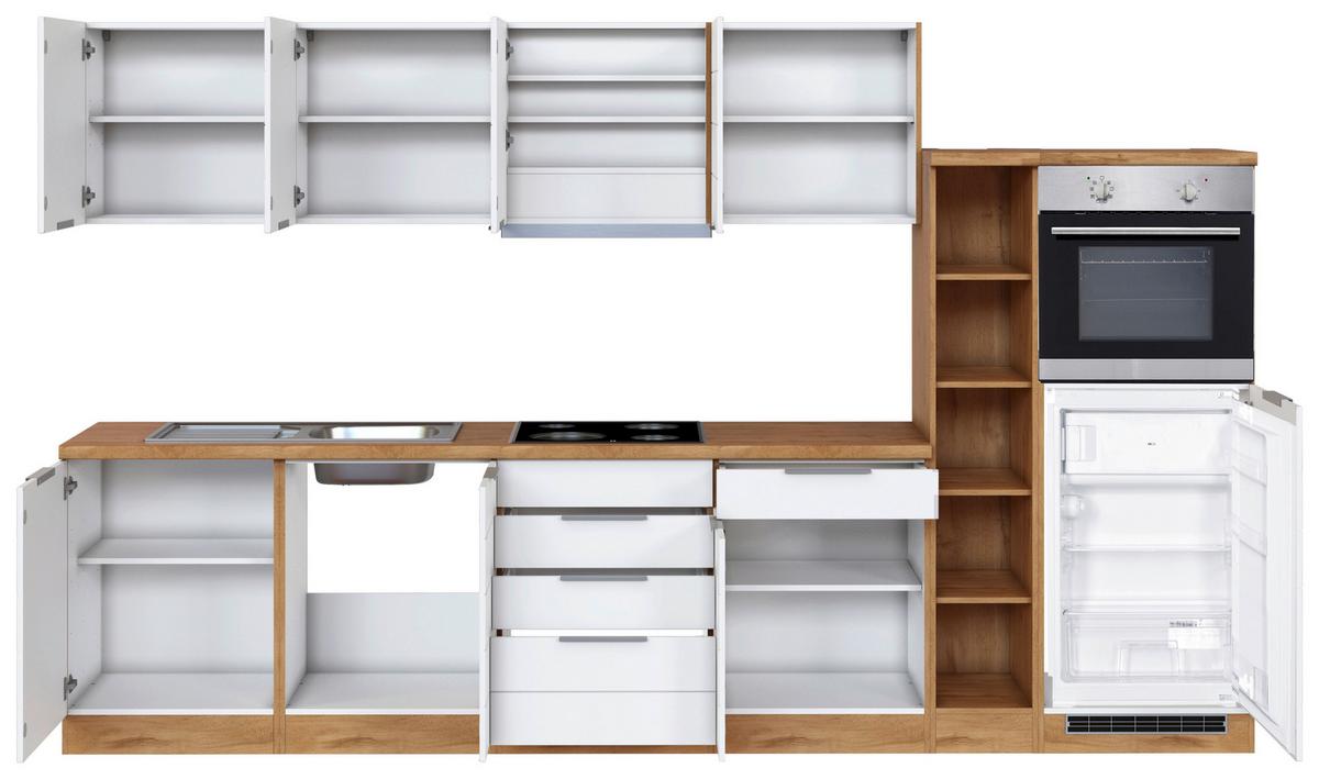 Küchenzeile Florenz mit Geräten 330 cm Weiß/Eichefarben - Eiche Wotan/Weiß, Design, Holzwerkstoff (330cm) - Held