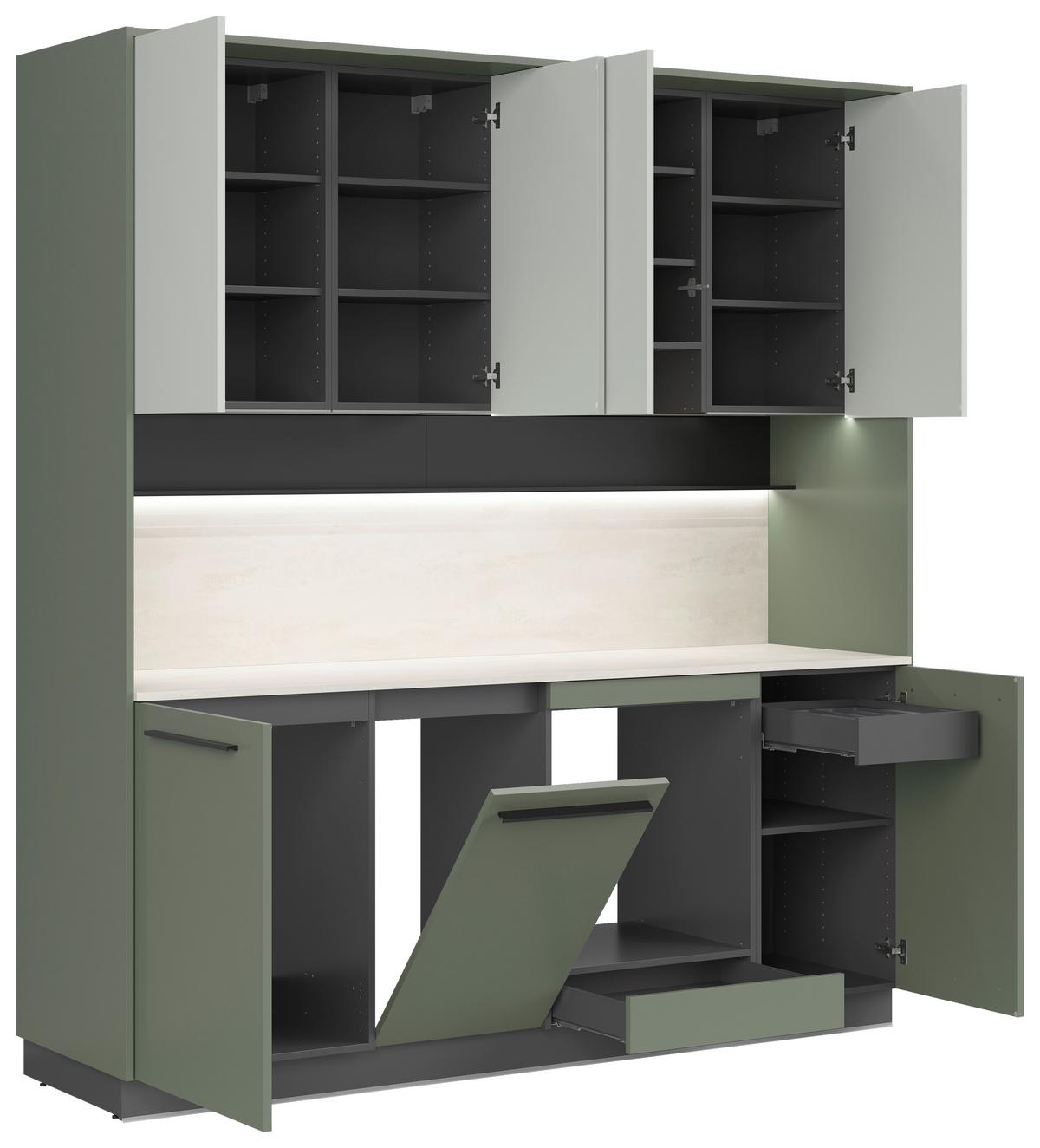 Kuchyňská linka, š.210 cm vr.paspar.a dekor.obkladu - čierna/sivá, Basics, kompozitné drevo/plast (210cm) - Visiona