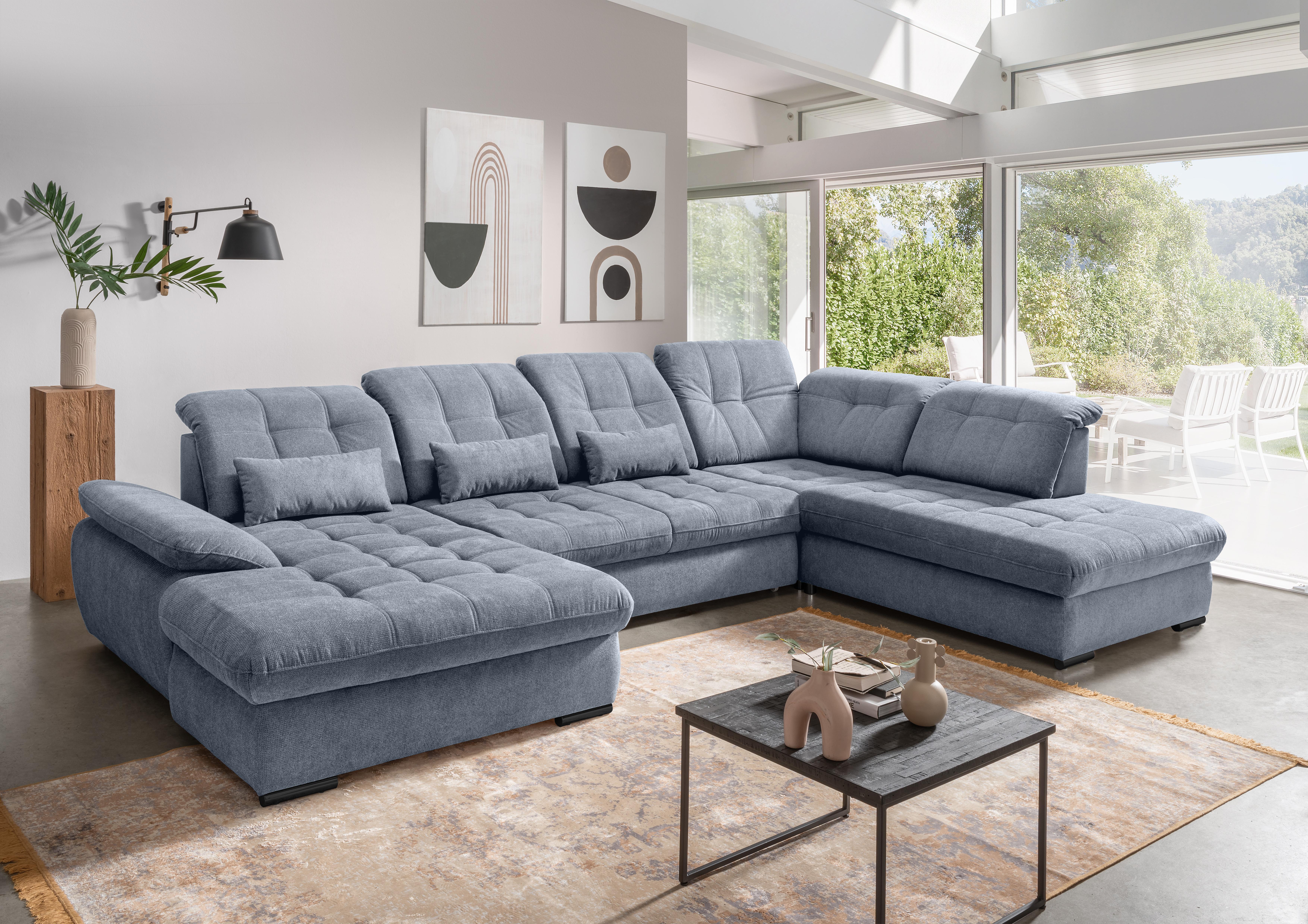 Wohnlandschaft mit Bettkasten Rigatti Hellblau B: 387 cm - Schwarz/Hellblau, MODERN, Textil (184/387/252cm) - Livetastic