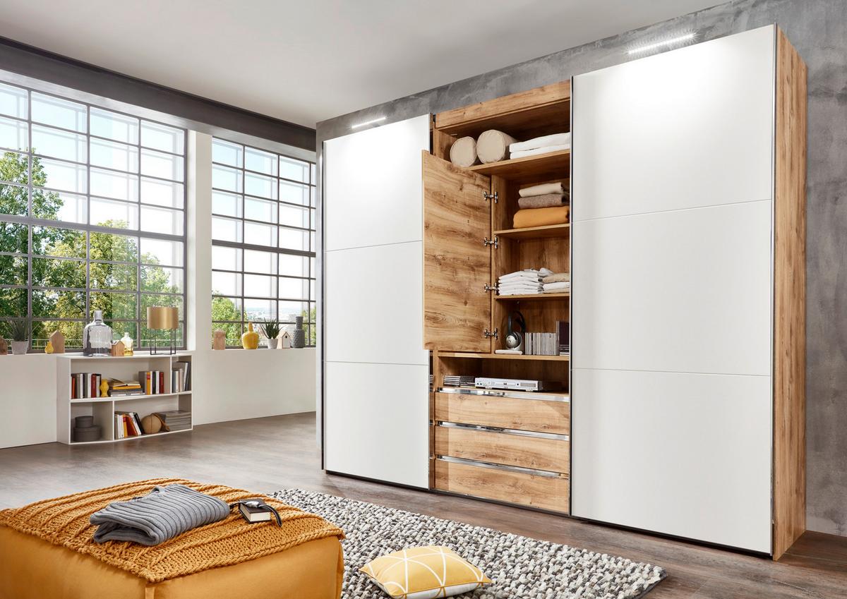 Schwebetürenschrank  Mit Regal B: 300 Cm Magic, Weiß/eichef. - Eichefarben/Weiß, MODERN, Holzwerkstoff (300/216/65cm) - MID.YOU