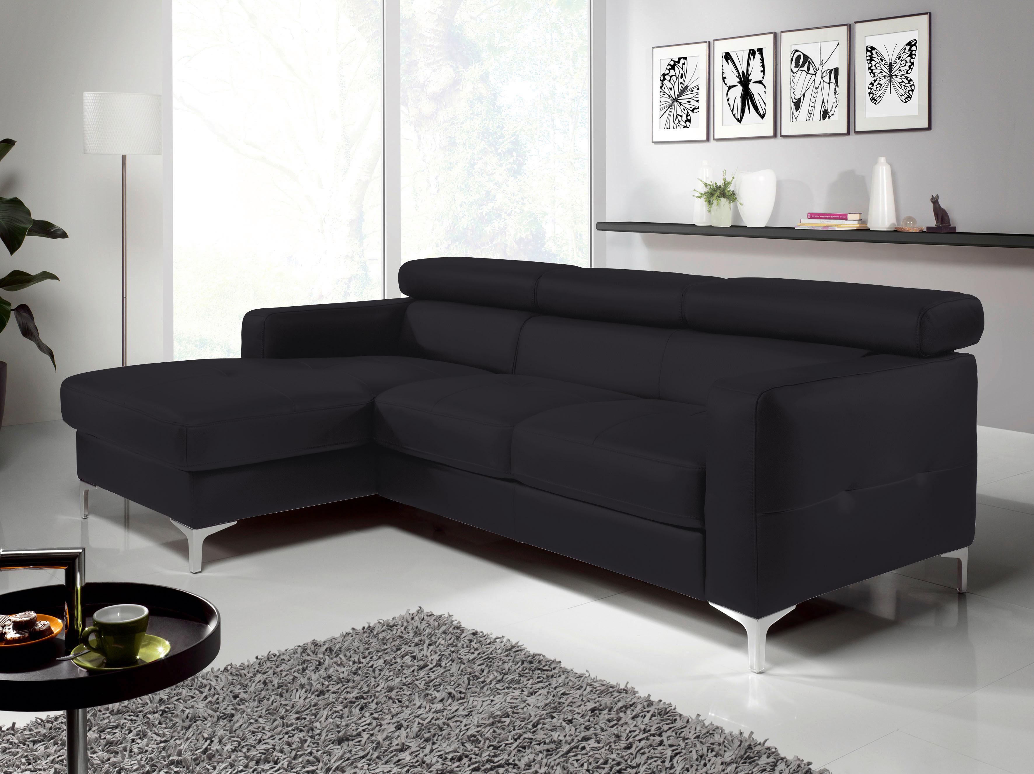 Ecksofa Sammy Schwarz Leder - Chromfarben/Schwarz, Design, Leder (169/226cm) - Livetastic