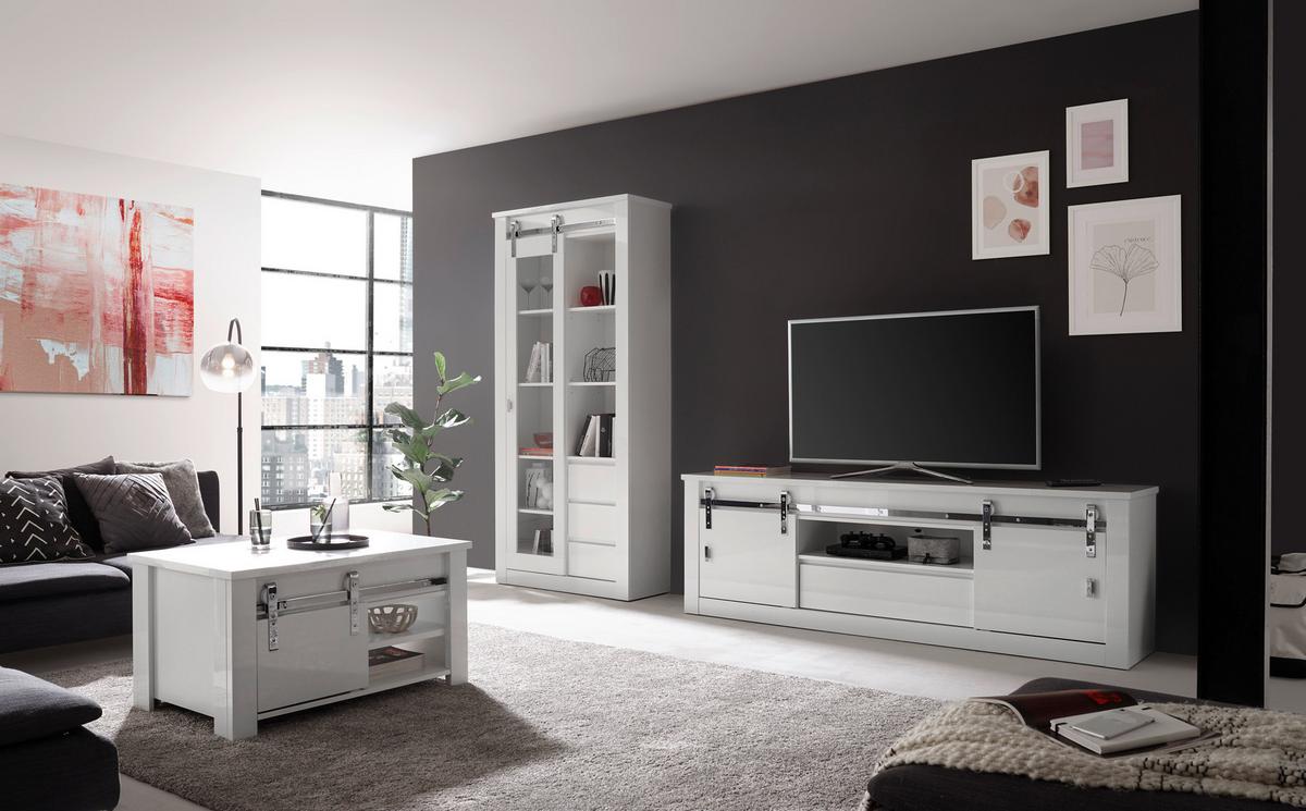 WOHNWAND Daytona Weiß HG B: 309 cm - Weiß Hochglanz/Weiß, Design, Holzwerkstoff (309/200/43cm) - Livetastic