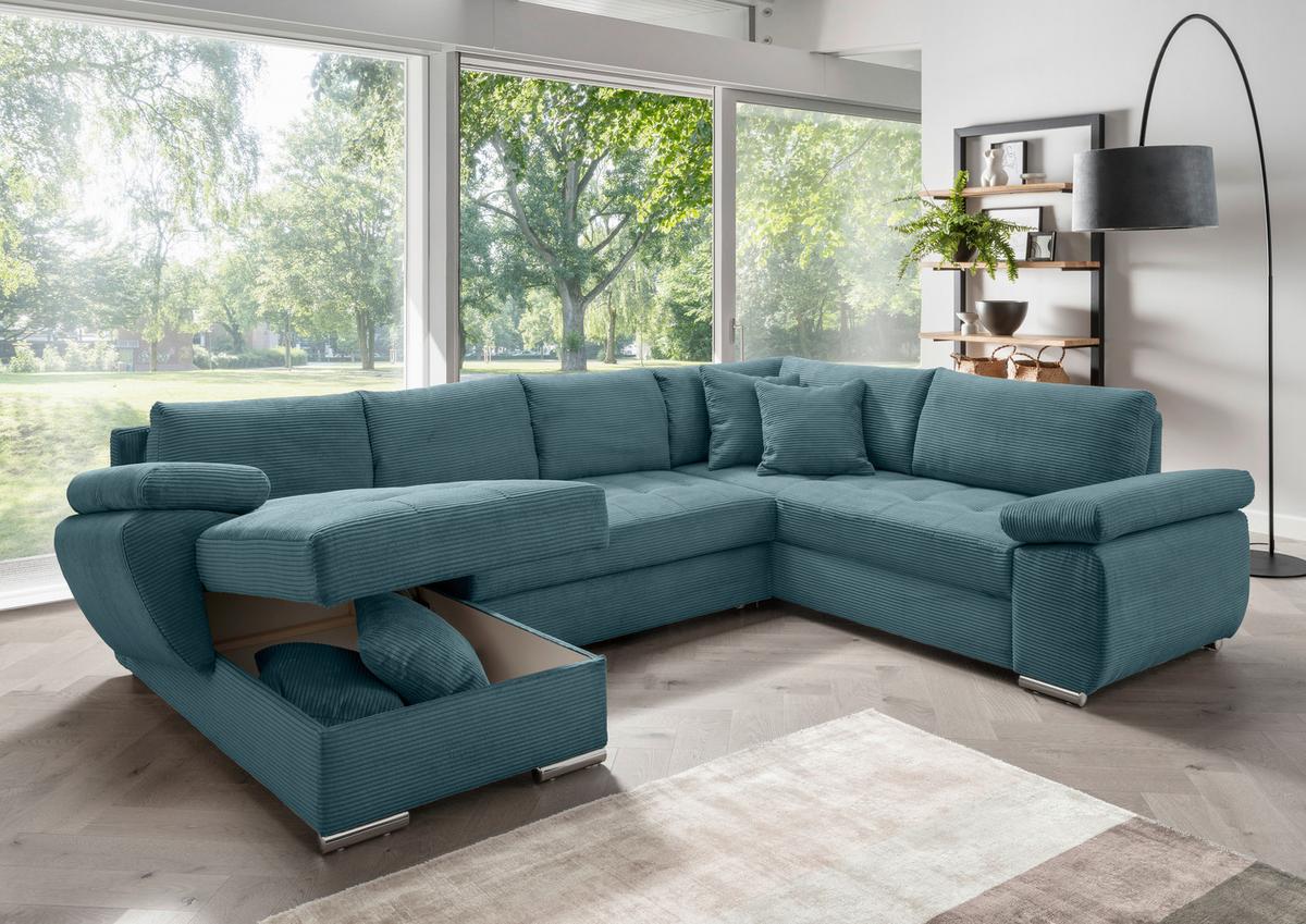 Wohnlandschaft Terana mit Schlaffunktion, Petrol - Chromfarben/Petrol, KONVENTIONELL, Textil (157/305/219cm) - Livetastic