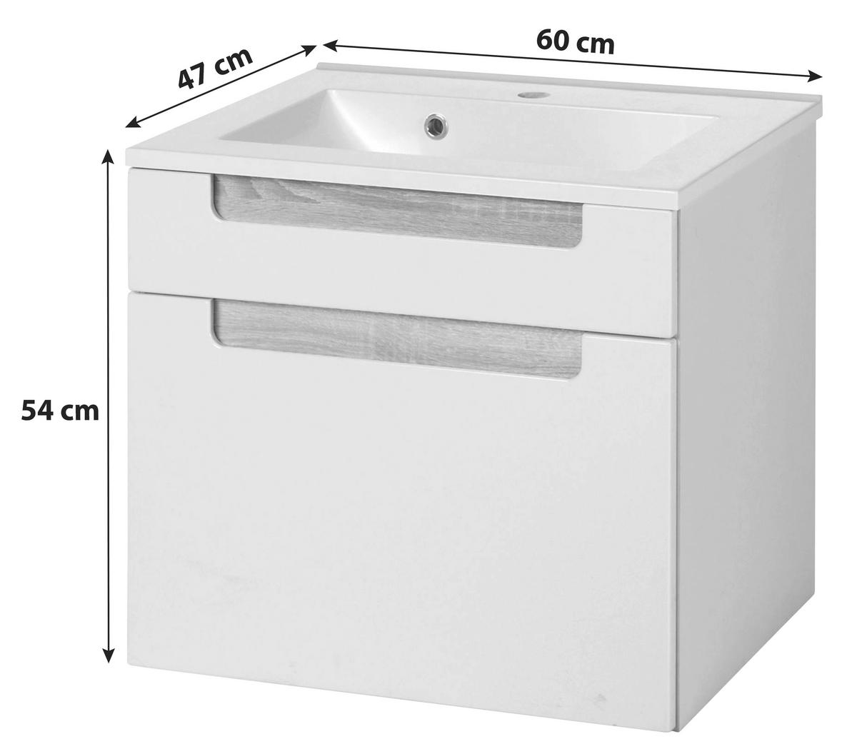 Waschbecken mit Unterschrank Siena B: 60cm Weiß/Eiche Dekor - Weiß/Silbereichenfarben, MODERN, Holzwerkstoff/Stein (60cm) - Held