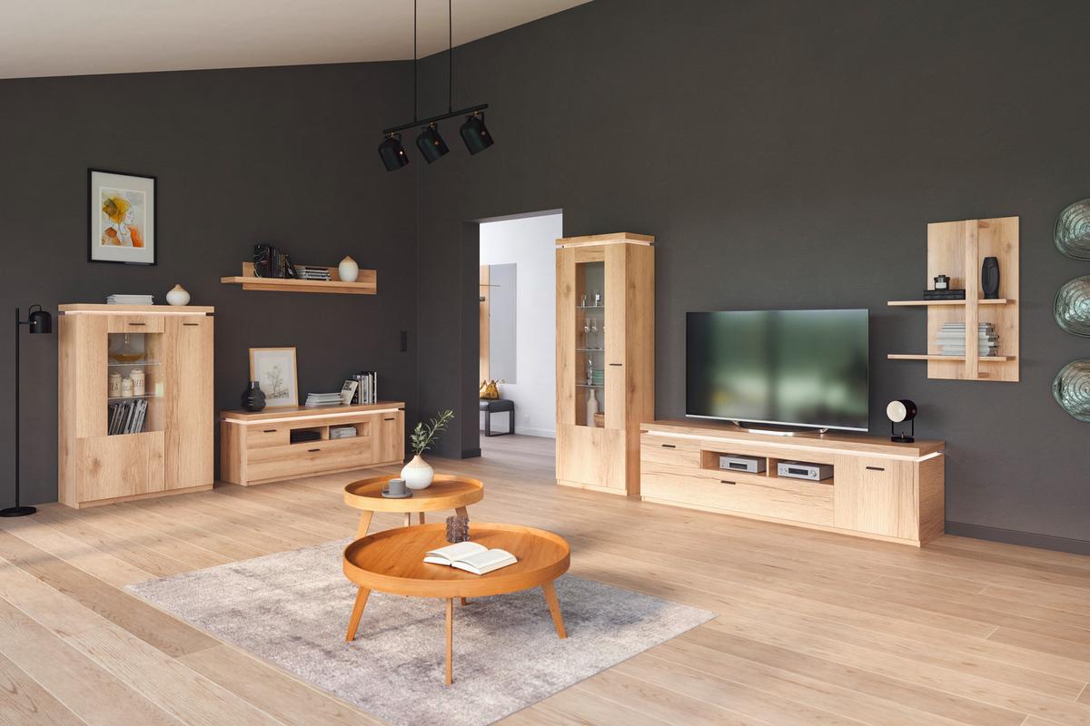 Wohnkombination Modern 3 -teilig. Mit Led Vanvouver, Eiche Dekor - Eichefarben, MODERN, Glas/Holzwerkstoff (294/198/44cm)