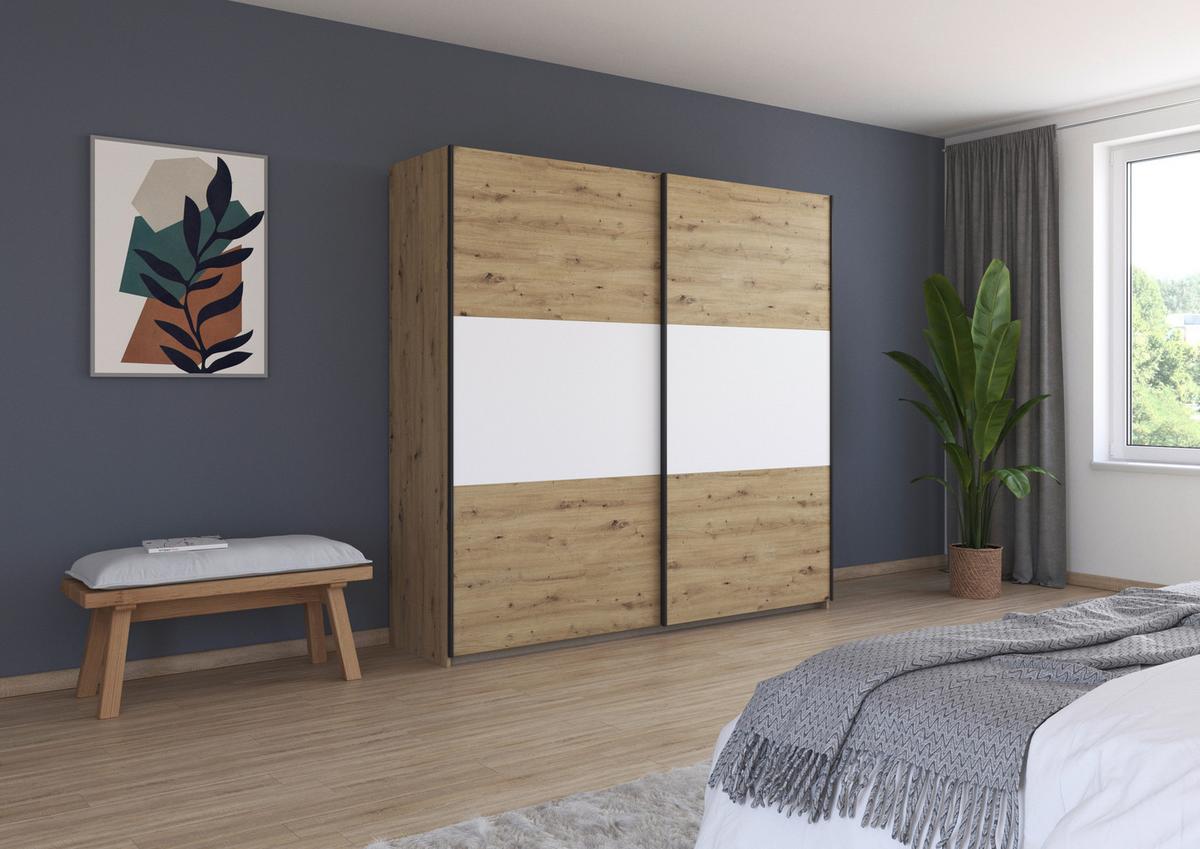 Schwebetürenschrank Neo Weiß Eiche Artisan Dekor - Alufarben/Weiß, MODERN, Holzwerkstoff (218/210/59cm) - Rauch Möbel