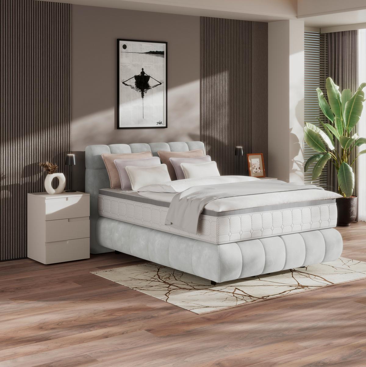 Boxspringbett Nobu Hellgrau, Lf: 140x200 Cm - Hellgrau/Schwarz, Trend, Holz/Textil (140cm)