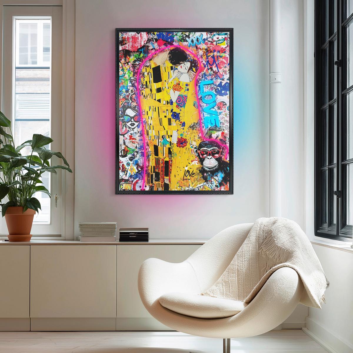 LED-Bild Neon Black Modern Kiss - Multicolor/Schwarz, Basics, Holzwerkstoff/Kunststoff (70/100/3,5cm)